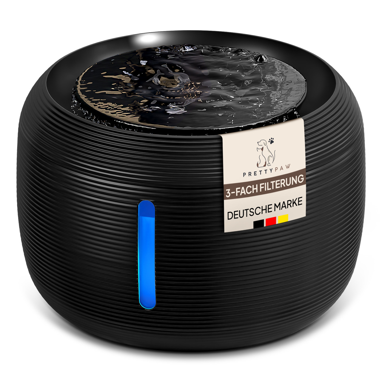 PRETTY PAW Trinkbrunnen, Haustiere (Katzen/kl. Hunde), schwarz, 3-fach Filter, Wasserstandsanzeiger, gesundes Trinkverhalten.