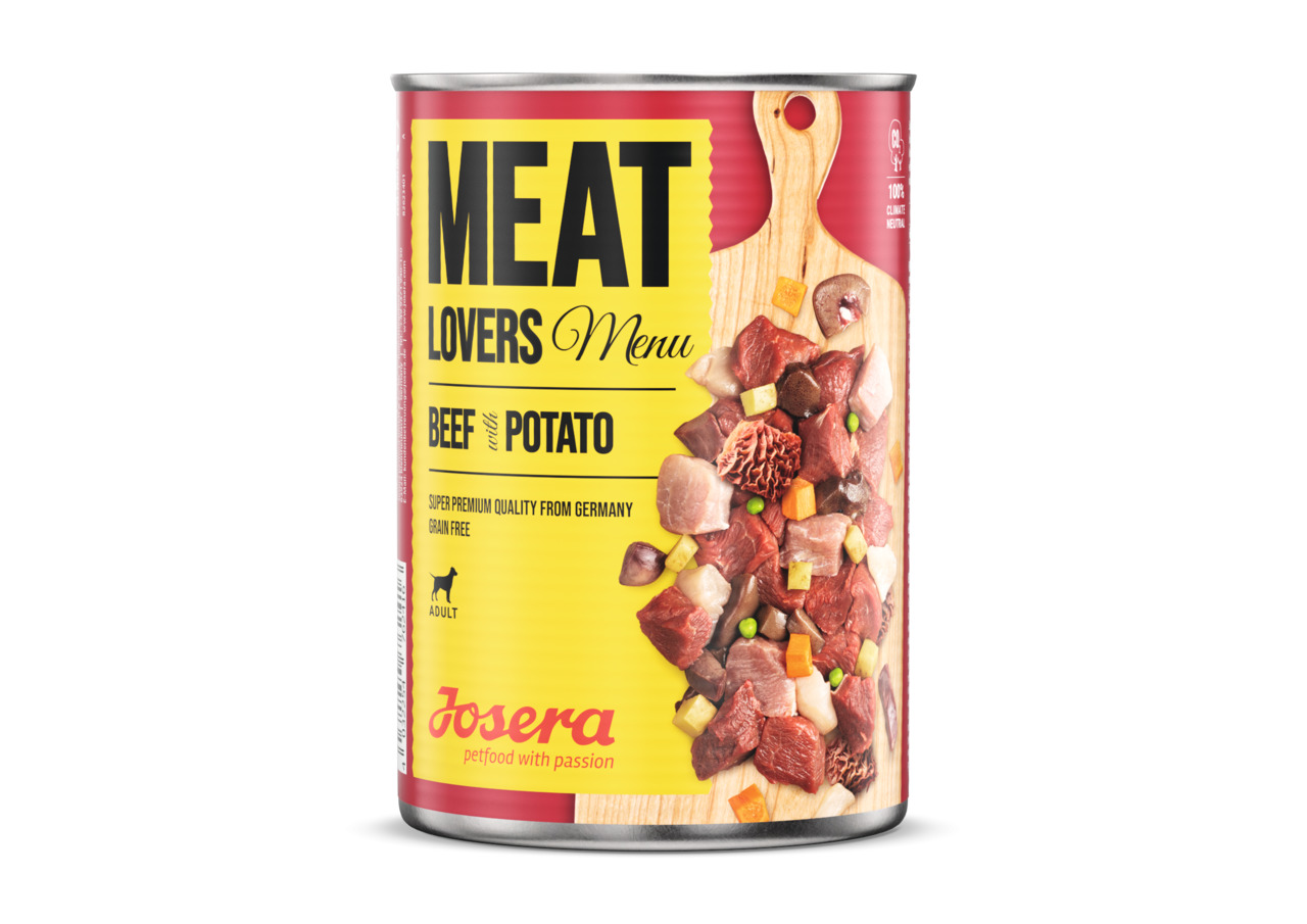 Josera Meat Lovers Menu, Rind & Kartoffel, für ausgewachsene Hunde, getreidefreie Premium-Qualität, 400 g.