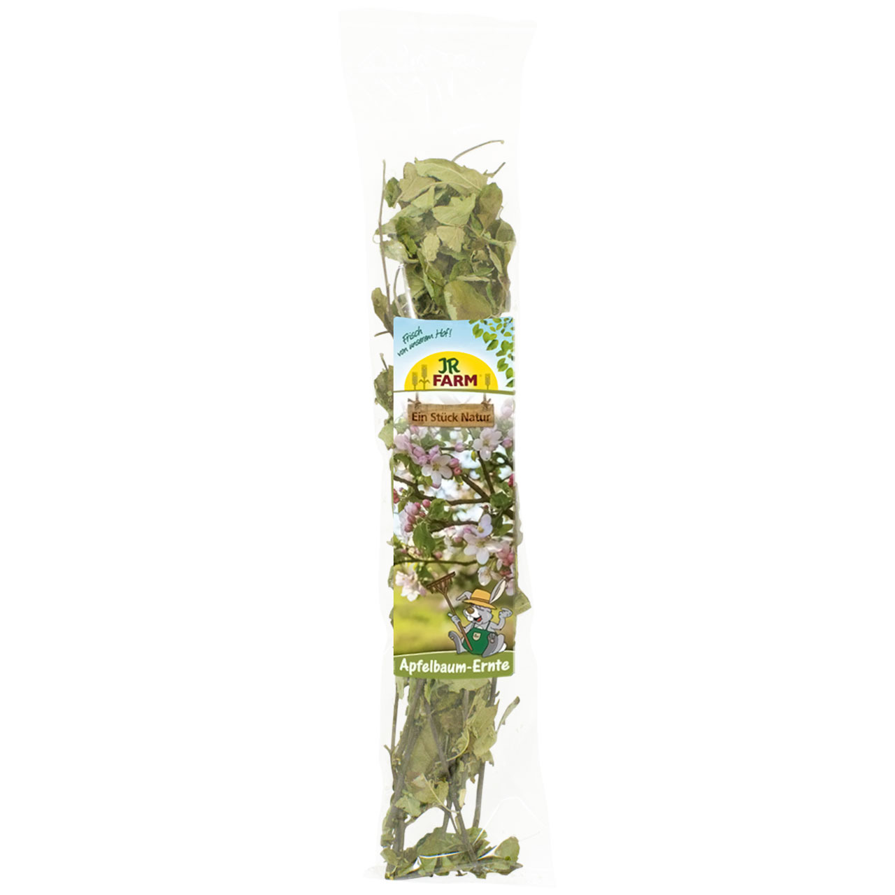 Das Bild zeigt das Produkt "JR FARM Apfelbaum-Ernte", ein natürliches Ergänzungsfuttermittel für Kleintiere wie Kaninchen, Meerschweinchen und andere Nager. Die Verpackung enthält getrocknete Apfelbaumzweige mit Blättern, die als gesunder Snack dienen. Di