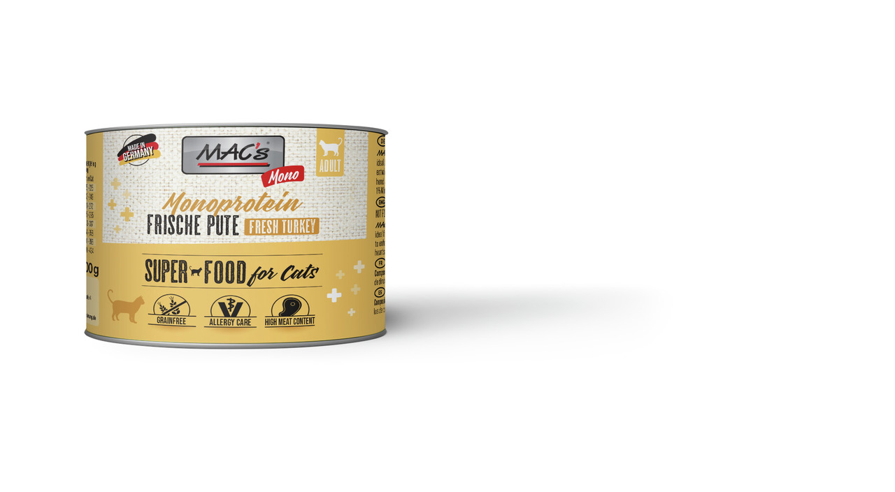 MAC's Mono Frische Pute, 200 g, Monoprotein, getreidefrei, für erwachsene Katzen & allergieempfindl. Tiere, Geschm.: frische Pute.