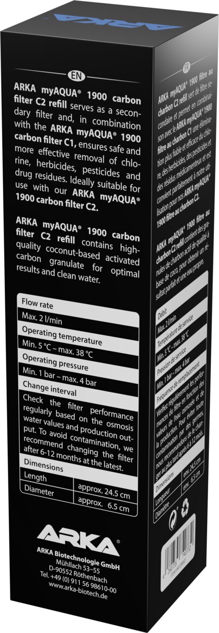 ARKA myAQUA 1900 Carbon Filter C2 Refill für Aquarien-Umkehrosmose, Aktivkohle aus Kokosnussschalen, 2 l-min.