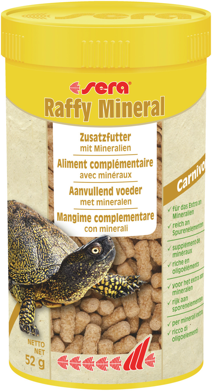 Sera Raffy Mineral, Zusatzfutter für fleischfressende Reptilien (z. B. Schildkröten), 52 g, reich an Spurenelementen, fördert Vitalität.