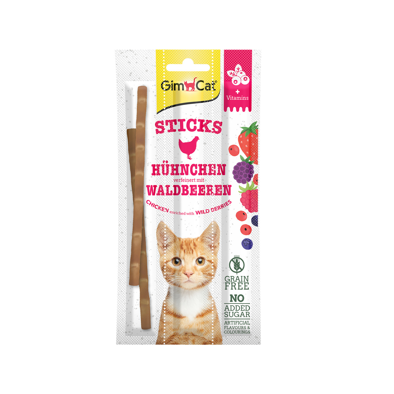 GimCat Sticks Huhn & Waldbeeren, Snack f. Katzen, grain free, no added sugar, 2 Sticks.
