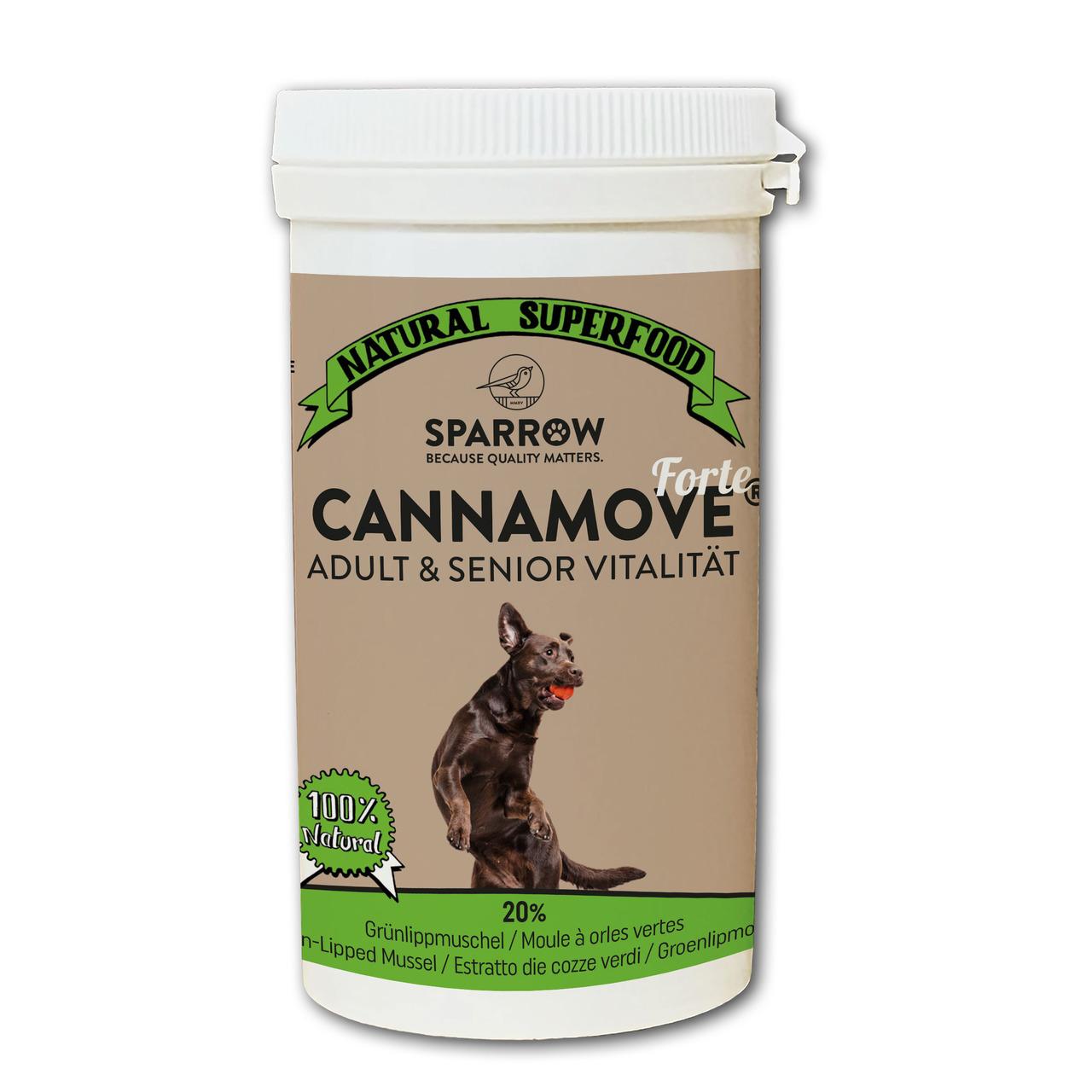SPARROW Cannamove Forte für erwachsene-ältere Hunde, 20 % Grünlippmuschel, unterstützt Vitalität, 100 % Natural, beige Verpackung.