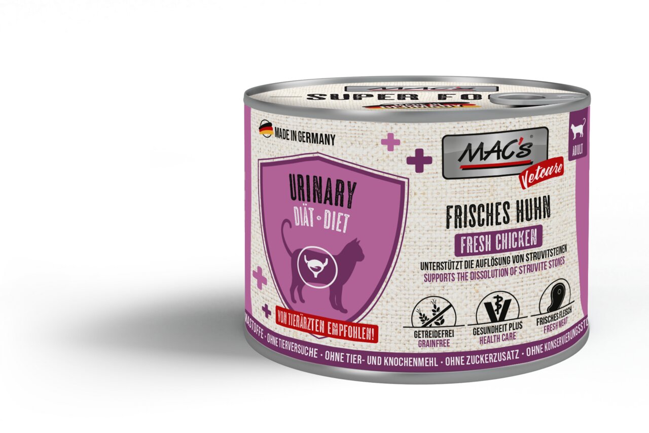 MAC's Urinary, Diätfutter für adulte Katzen, frisches Huhn, unterstützt die Auflösung von Struvitsteinen, 200 g Dose.