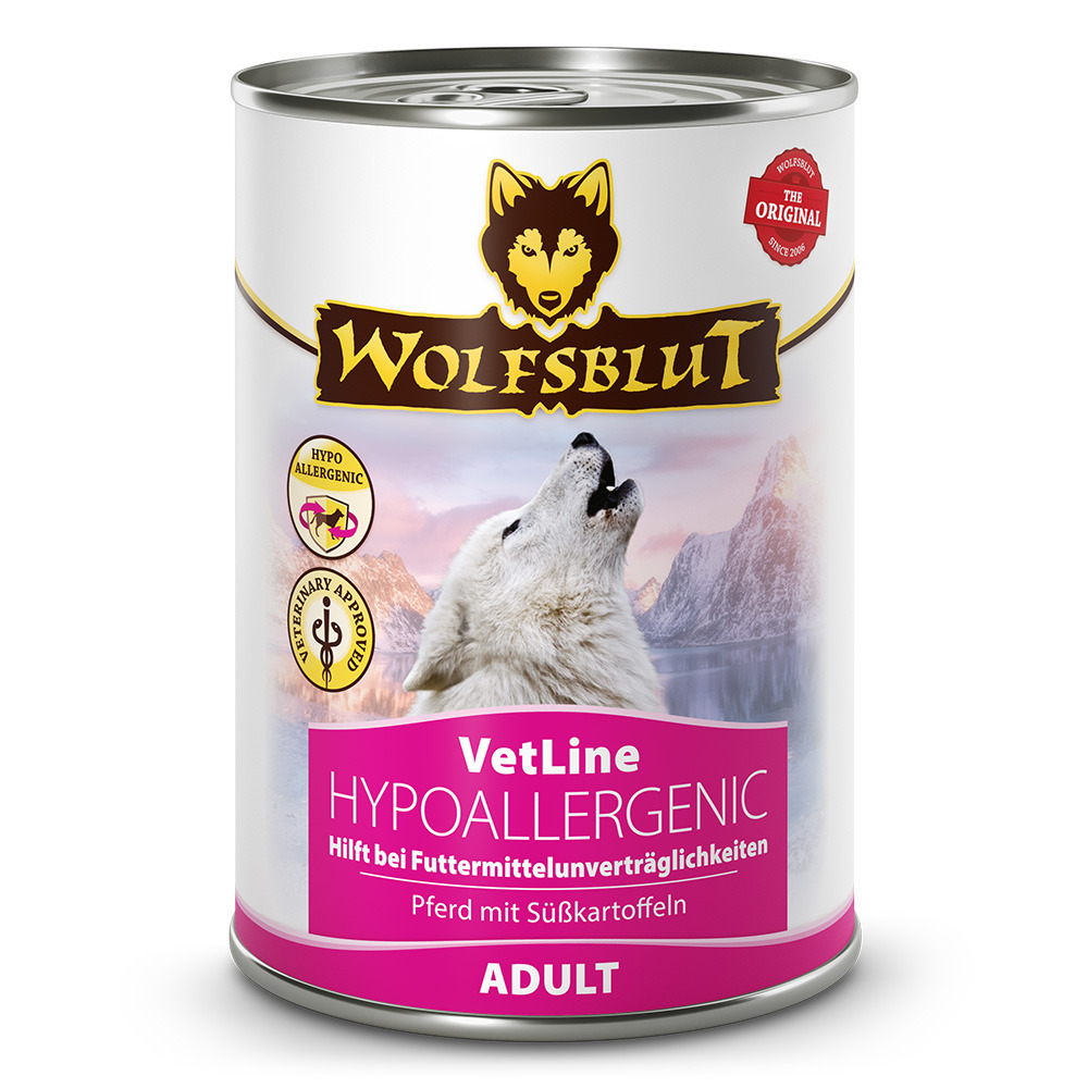 Wolfsblut VetLine Nassfutter Adult, Pferd & Süßkartoffeln, hypoallergen, hilft bei Futterunverträglichkeiten, 400g.