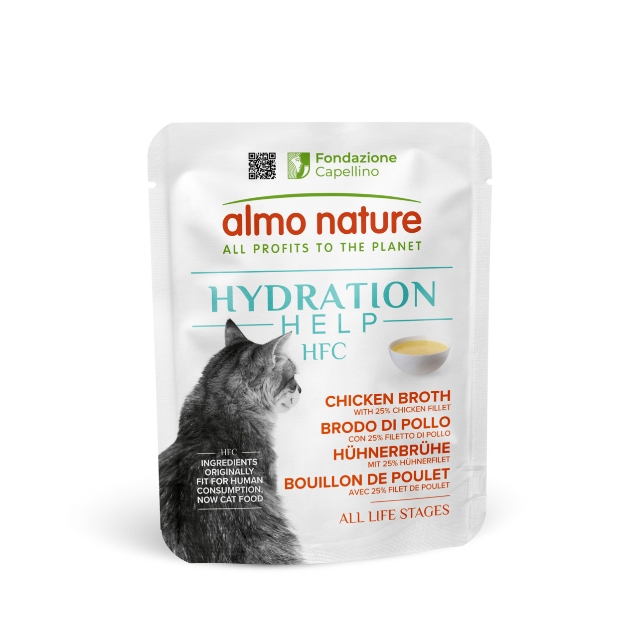 Das Bild zeigt eine Verpackung des Produkts „Almo Nature Hydration Help HFC Hühnerbrühe“ für Katzen. Es handelt sich um eine Brühe mit 25 % Hühnerfilet, geeignet für alle Lebensphasen. Die Verpackung betont, dass die Zutaten ursprünglich für den menschlic
