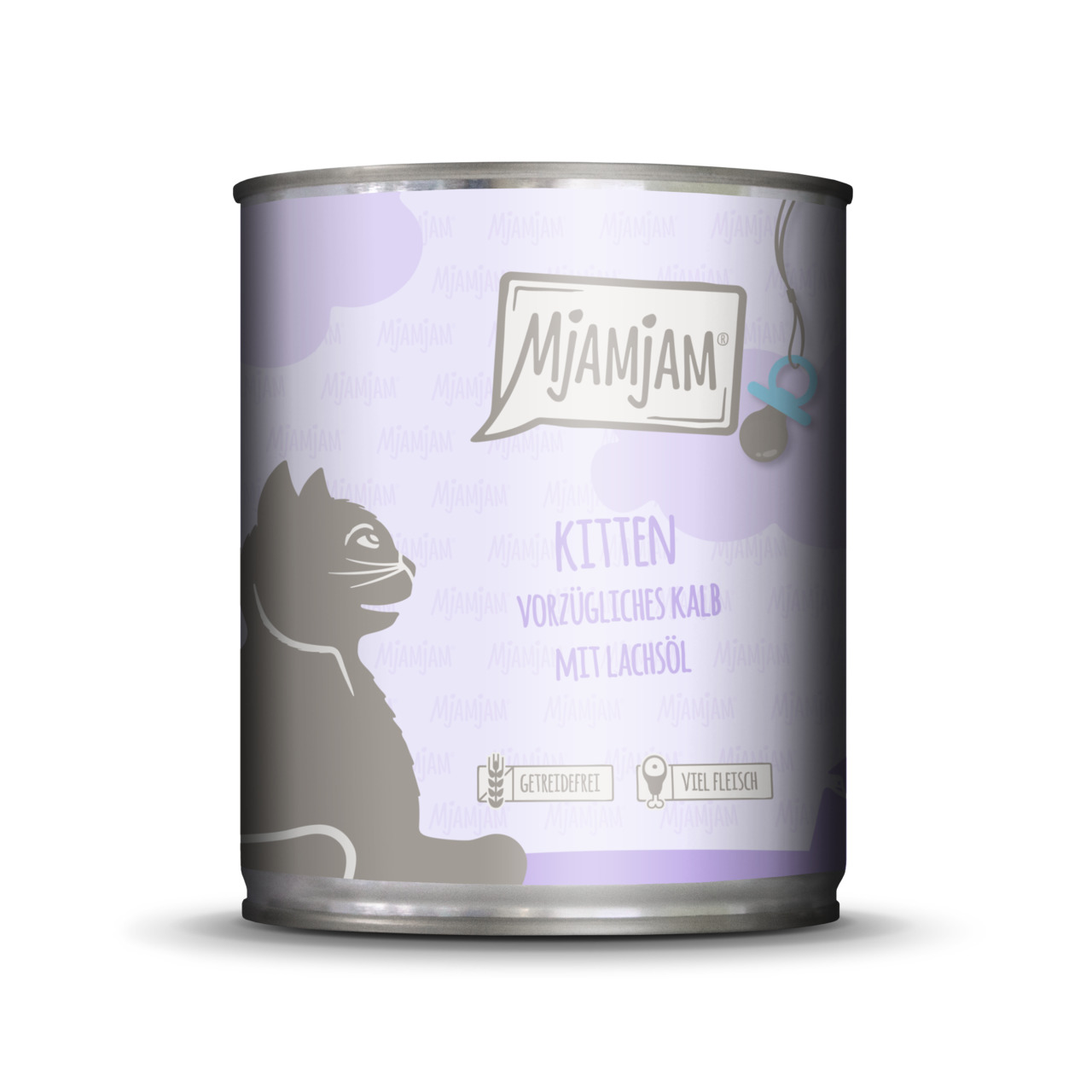 MJAMJAM Kitten Kalb+Lachsöl, für junge Katzen, getreidefrei, hoher Fleischanteil, 1 Dose (lila).