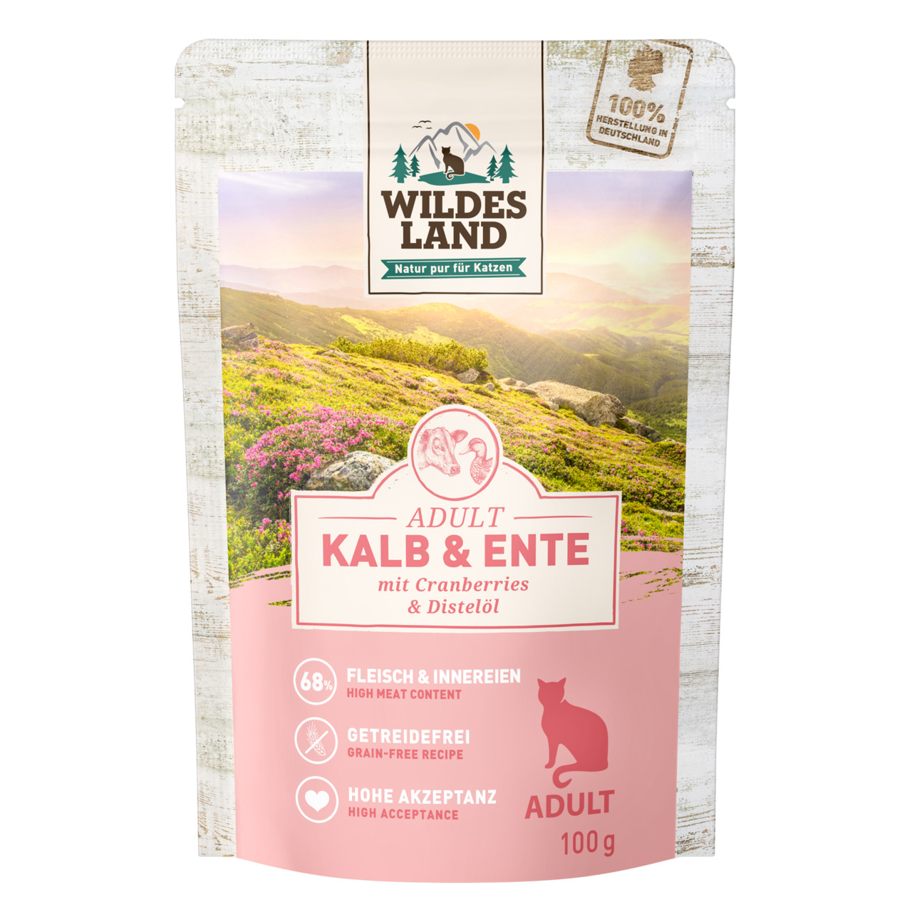 Wildes Land Adult Kalb & Ente, für ausgewachsene Katzen, getreidefrei, mit Cranberries & Distelöl, 68 % Fleisch, 100 g.