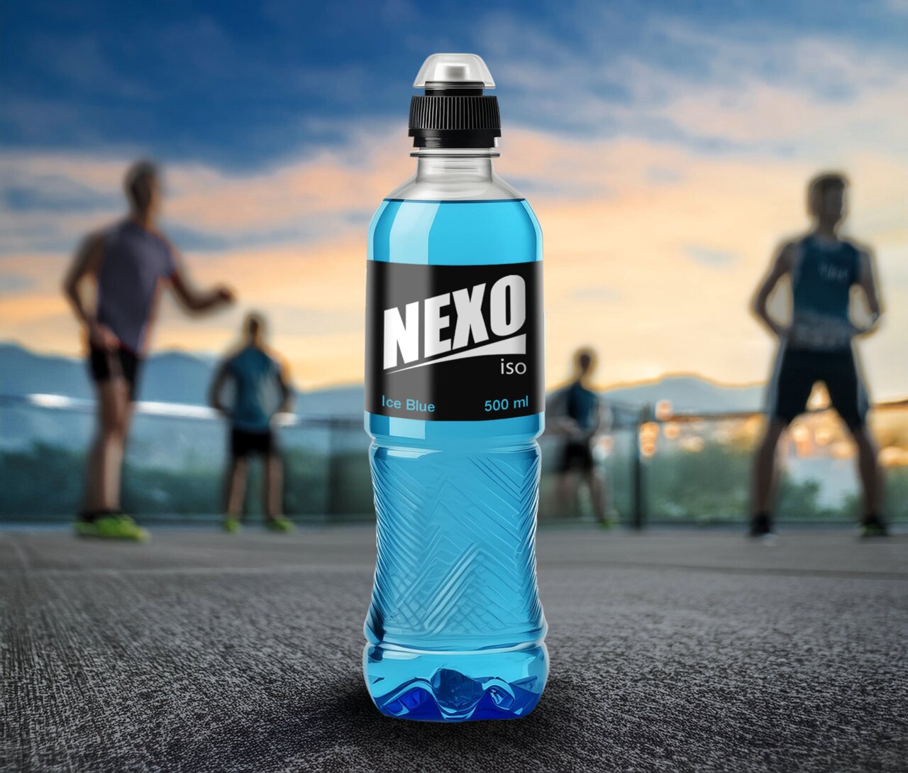 NEXO iso Sportgetränk Ice Blue für Sportler, blaue 500-ml-Flasche vor Läufern auf Asphalt bei Abendstimmung.