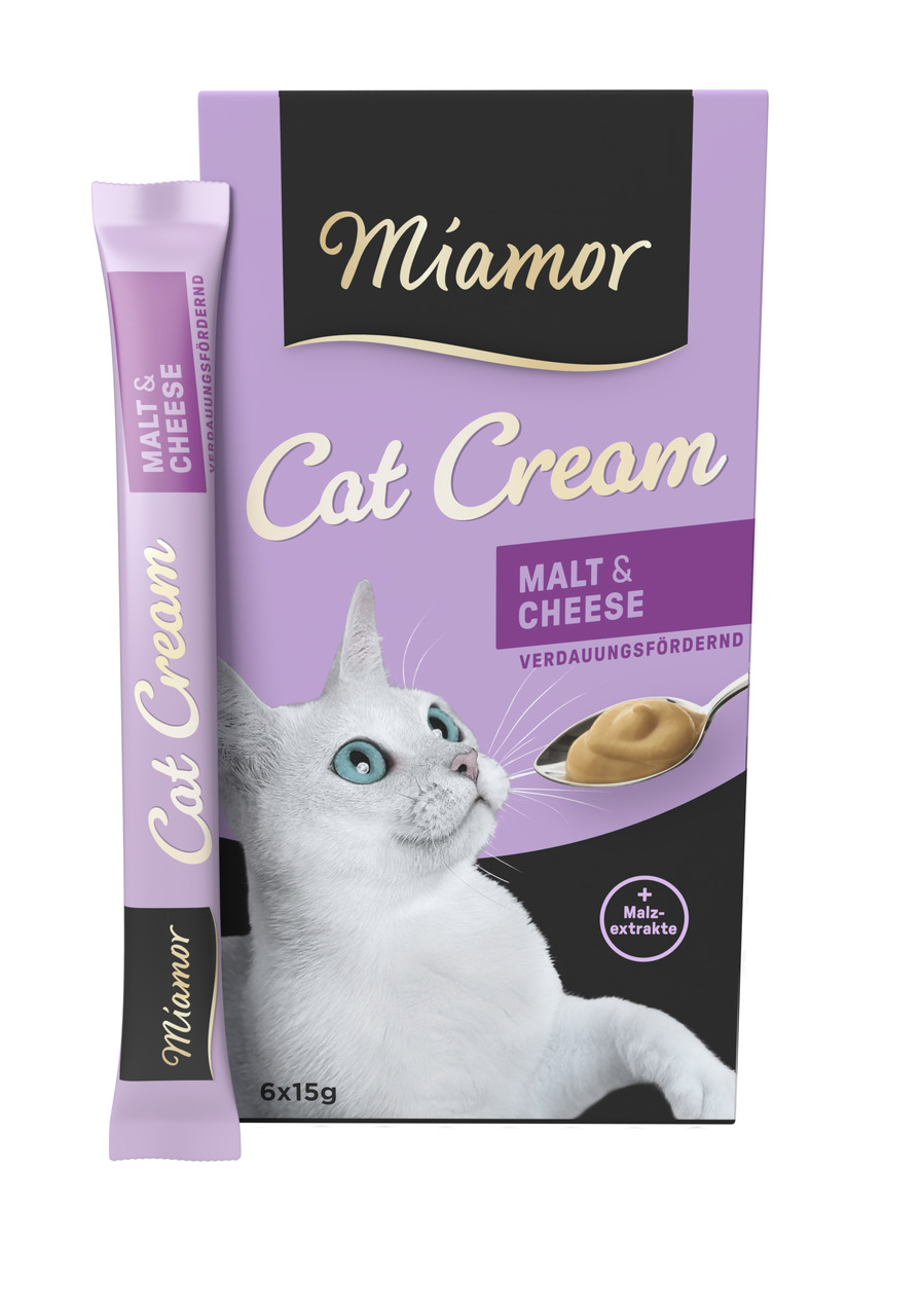 Miamor Cat Cream, Malt & Cheese, für ausgewachsene Katzen, verdauungsfördernd, 6x15g.