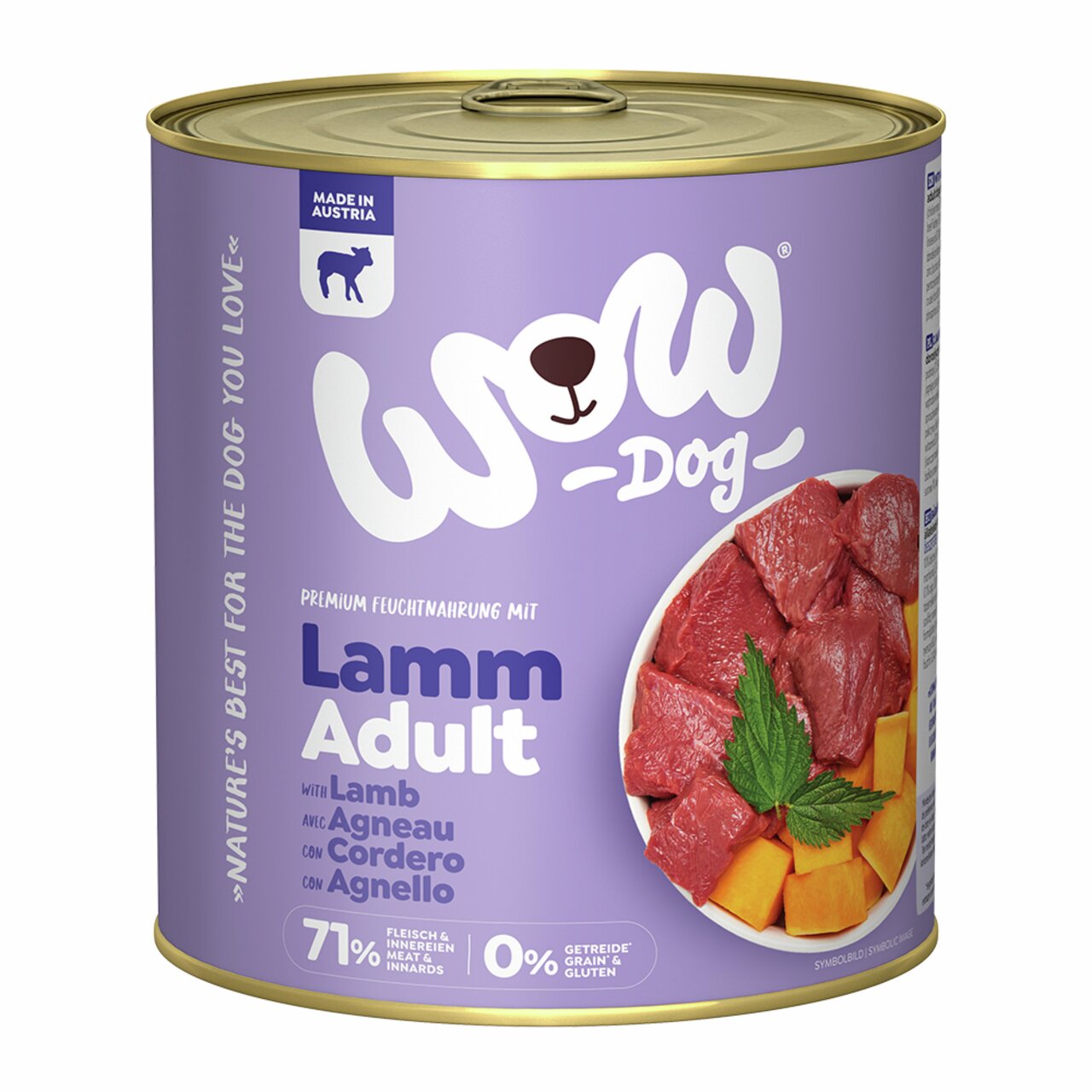 Nassfutter für Hunde: WOW DOG Lamm Adult, Geschmacksrichtung Lamm, getreidefrei, 400 g, für ausgewachsene Hunde. Made in Austria.
