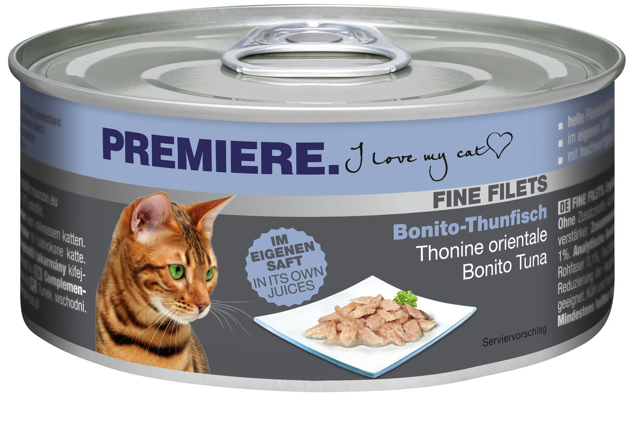 Eine silberne Dose Katzenfutter der Marke PREMIERE mit der Aufschrift „I love my cat“ und „Fine Filets“. Das Produkt ist für Katzen geeignet und enthält Bonito-Thunfisch in eigenem Saft. Auf der Vorderseite ist ein Bild einer Katze sowie eine Servierempfe