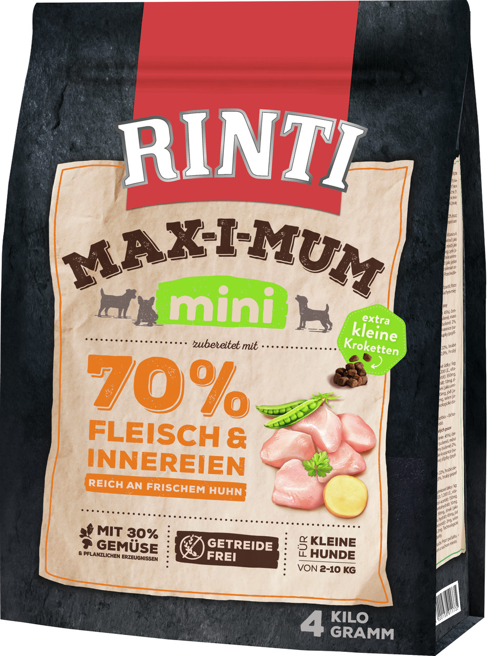 RINTI Max-i-mum Mini Hundefutter, kleine Hunde (2-10 kg), Huhn, 70 % Fleisch, getreidefrei, kleine Kroketten, 4 kg.
