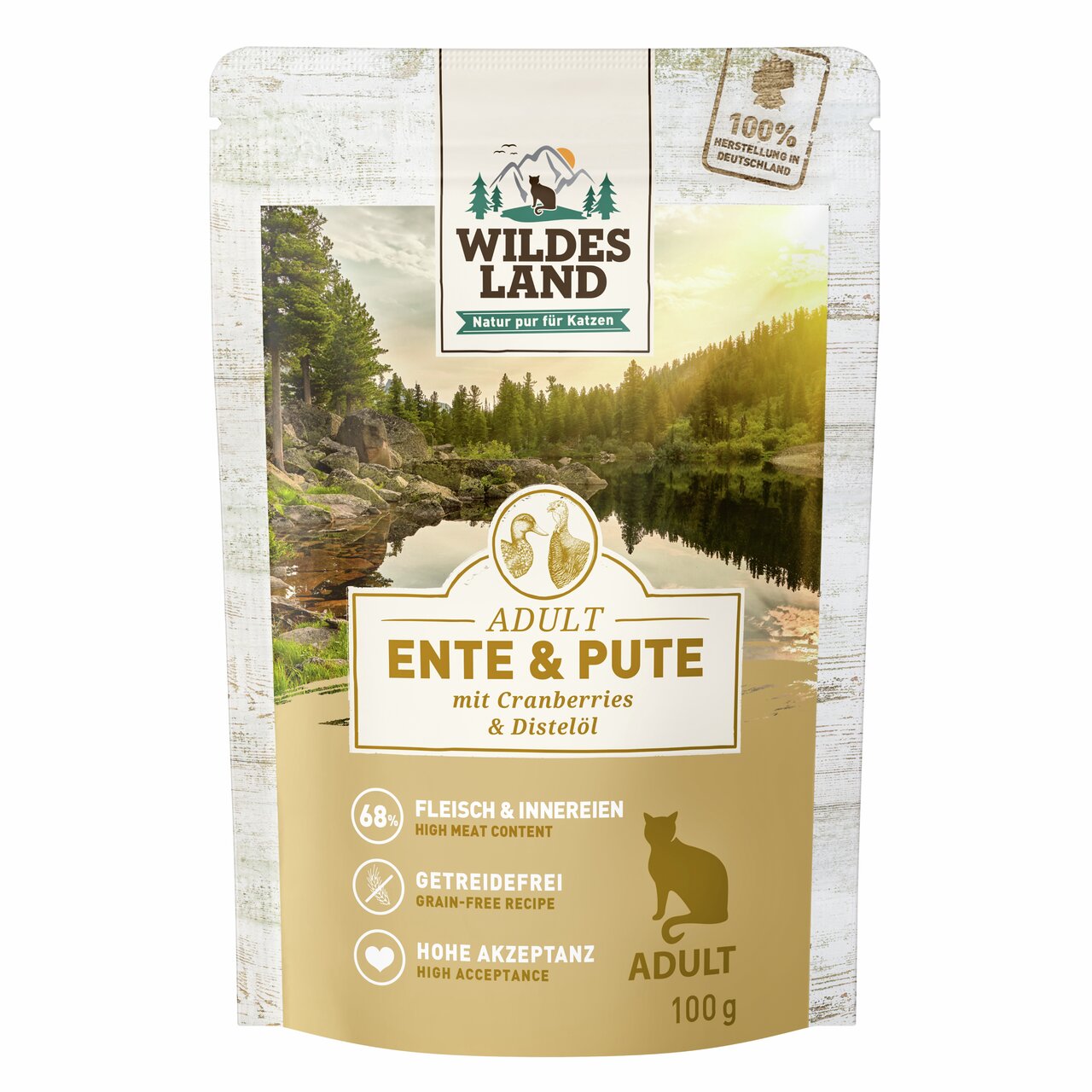 Wildes Land Adult Ente & Pute, für ausgewachsene Katzen, 68 % Fleisch, getreidefrei, hohe Akzeptanz, 100 g, mit Cranberries & Distelöl.