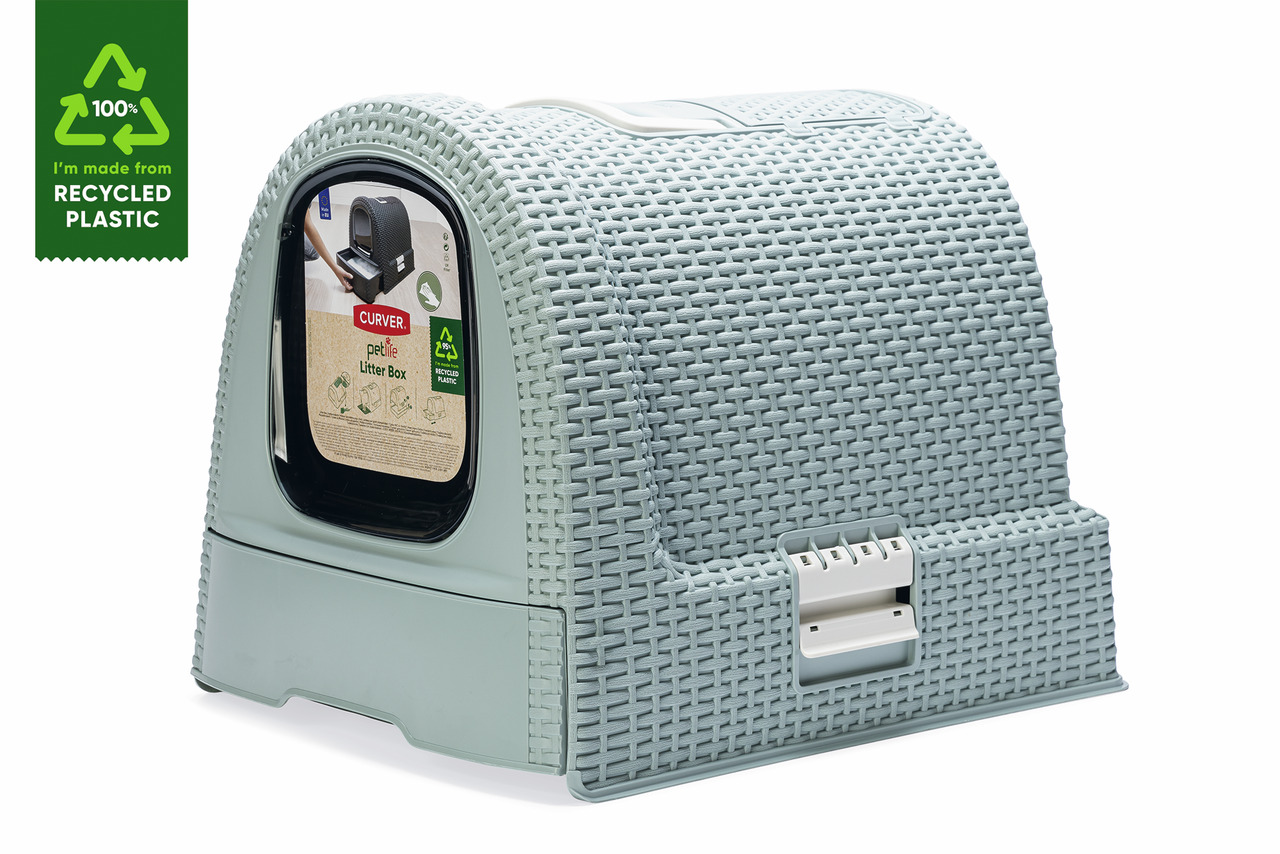 Katzentoilette „Curver Petlife Litter Box“ für Katzen, hergestellt aus 100 % recyceltem Kunststoff. Geeignet für Katzenhalter, die Wert auf Nachhaltigkeit legen. Geschlossenes Design mit geflochtener Optik, inklusive Schaufel und Aktivkohlefilter. Farbe: 