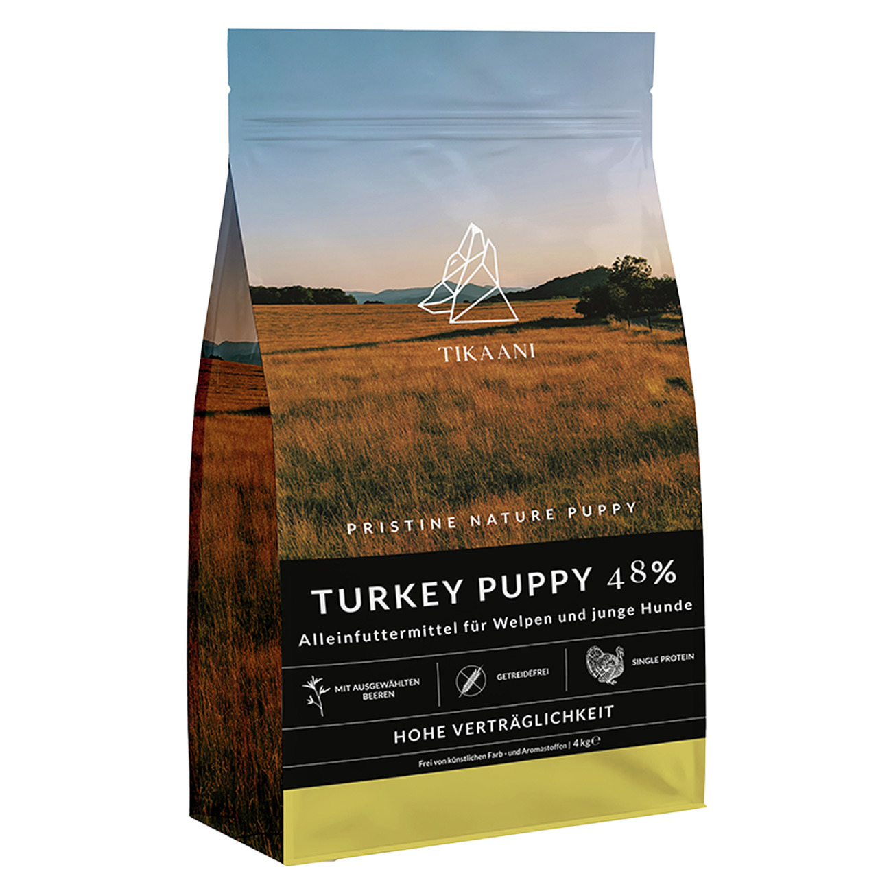 TIKAANI Pristine Nature Puppy Turkey 48%, Alleinfutter f. Welpen, Truthahn, getreidefrei, Single Protein, 4 kg, hohe Verträglichkeit