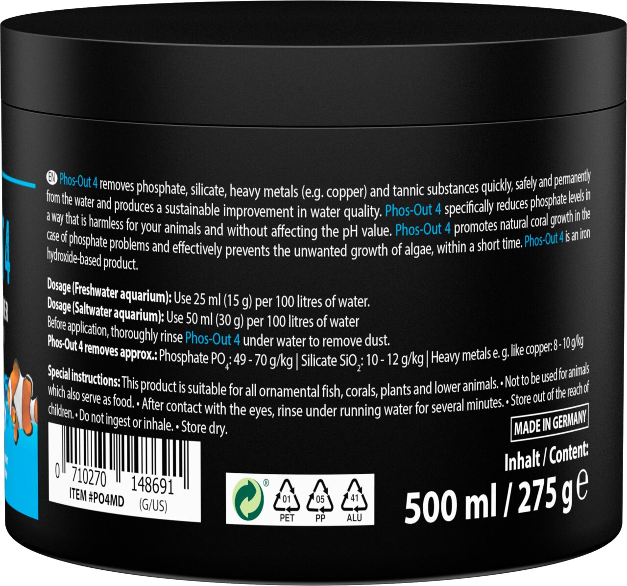 ARKA Phos-Out 4 für Meer- und Süßwasseraquarien, Phosphatentferner gegen Algenwachstum, Inhalt 500 ml-275 g.