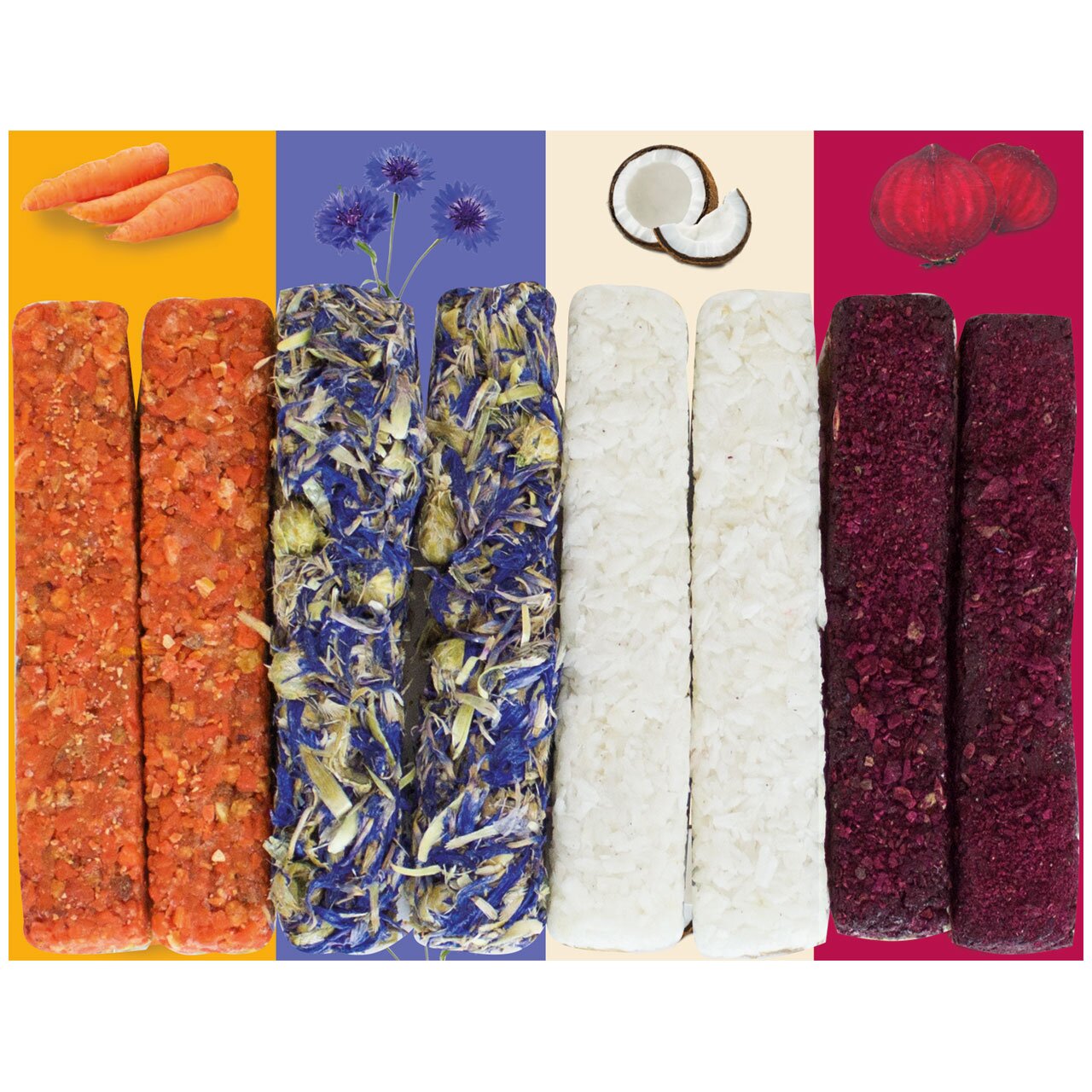 JR FARM Snack Sticks für Kleintiere, Sorten: Karotte, Kornblume, Kokos, Rote Bete, 150 g, gesunde und köstliche Vielfalt.