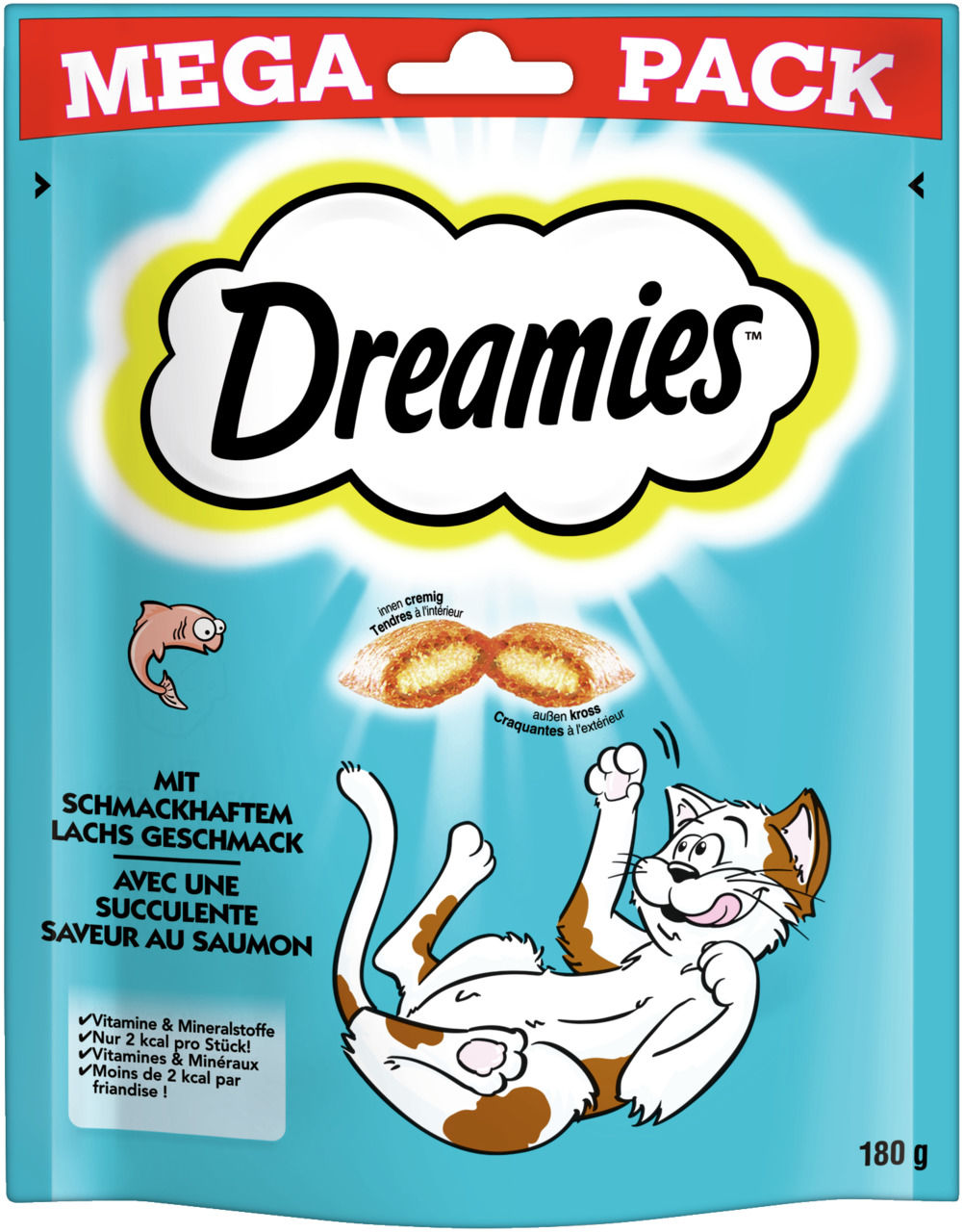 Dreamies Mega Pack 180 g, Katzen, Lachs, Snacks: außen knusprig, innen cremig, mit Vitaminen, Mineralstoffen, 2 kcal-Stück.