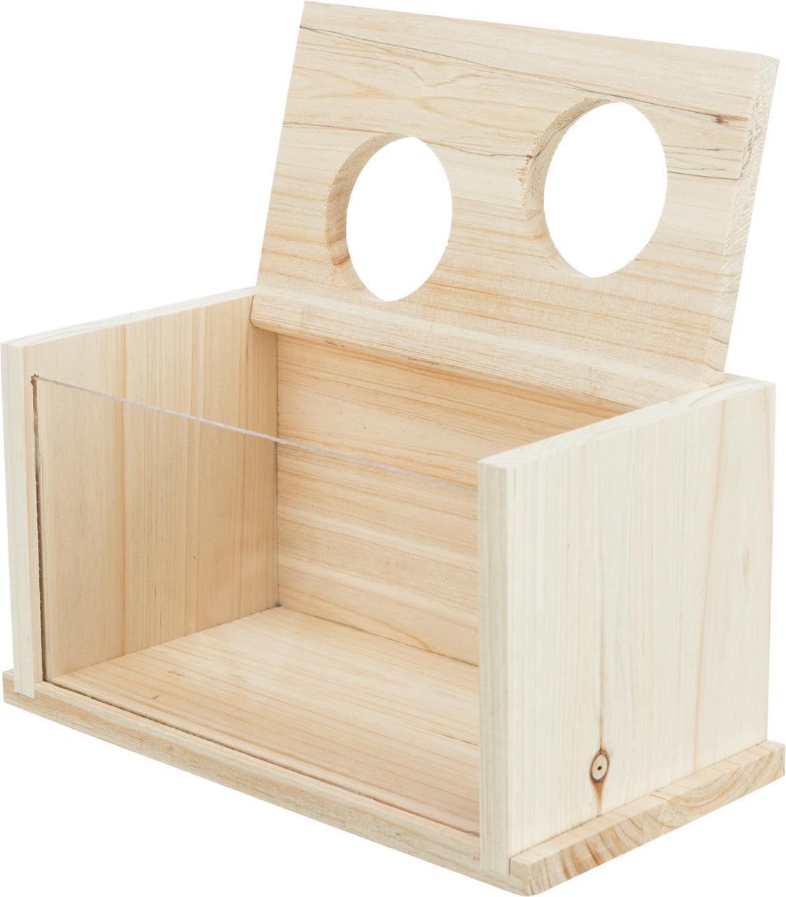 TRIXIE Holz-Heuraufe für Kaninchen & Meerschweinchen, naturbelassen, 2 Öffnungen, elast. Schnur, ideal für artgerechte Fütterung.