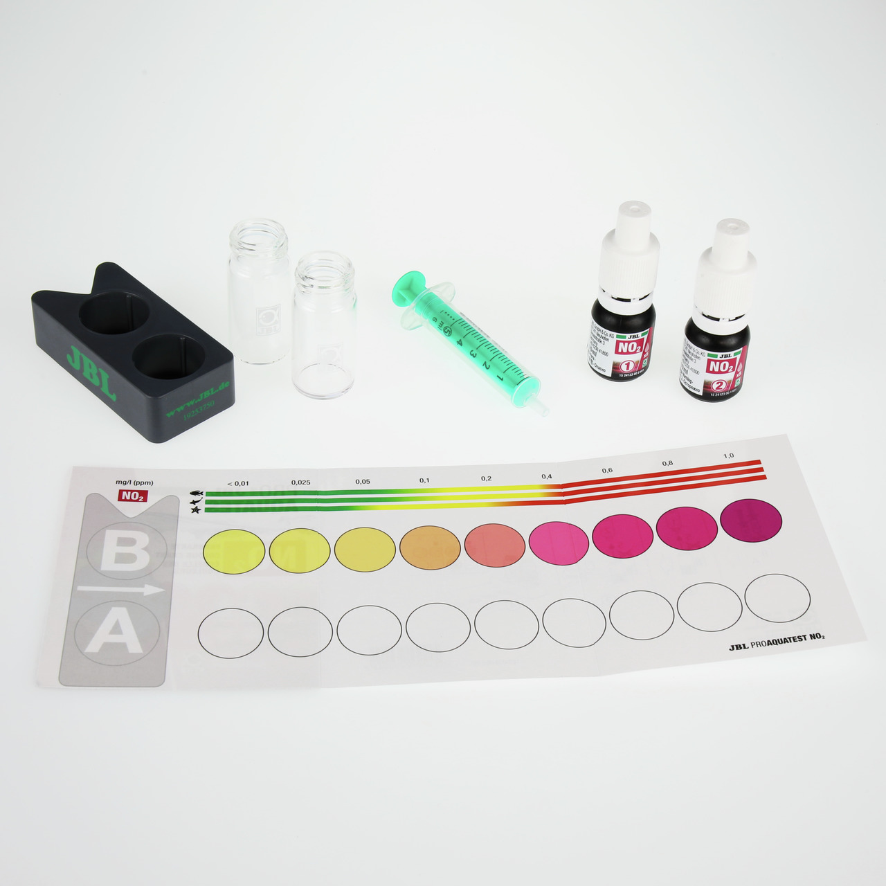 JBL ProAquaTest NO2 Nitrit-Testset für Aquarienbesitzer, misst Nitritgehalt, inkl. 2 Reagenzflaschen, Spritze, 2 Küvetten, Farbskala.