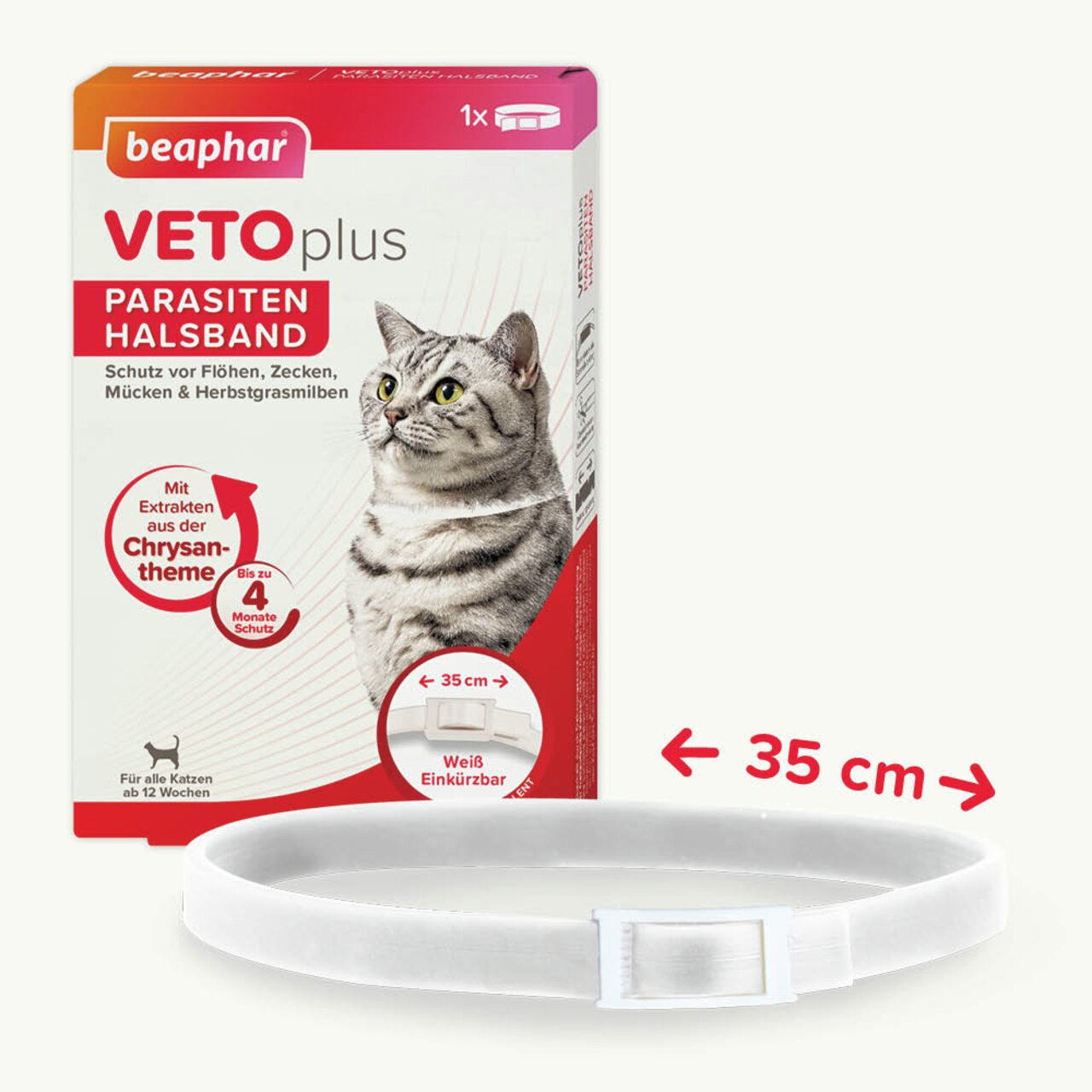 beaphar VETO plus Parasitenhalsband für Katzen, Schutz vor Flöhen, Zecken & Mücken, 35 cm, bis 4 Monate wirksam, einkürzbar.