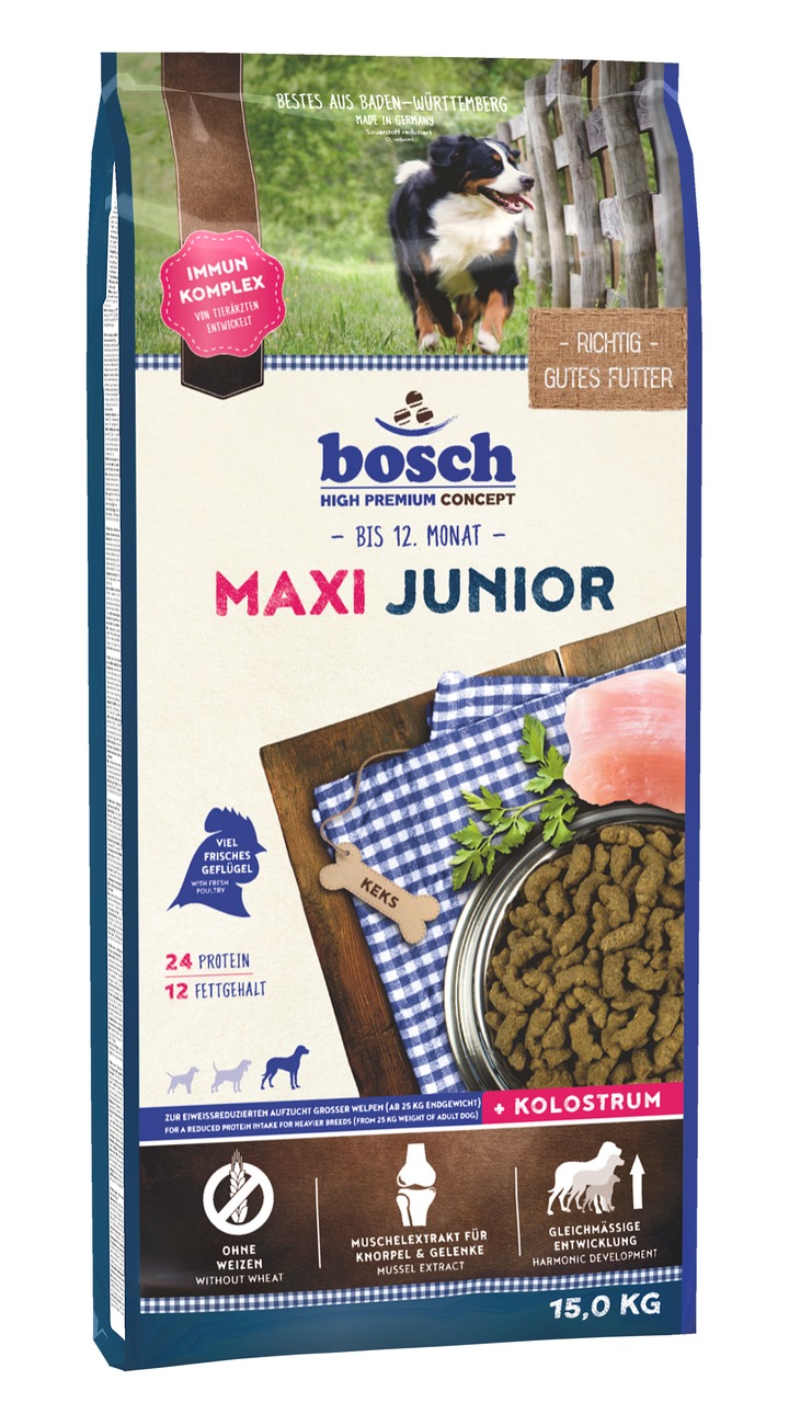 Bosch High Premium Concept Maxi Junior, 15 kg, für Welpen großer Rassen (bis 12 Mon.), Geflügel, mit Kolostrum, weizenfrei, 24 % Protein.