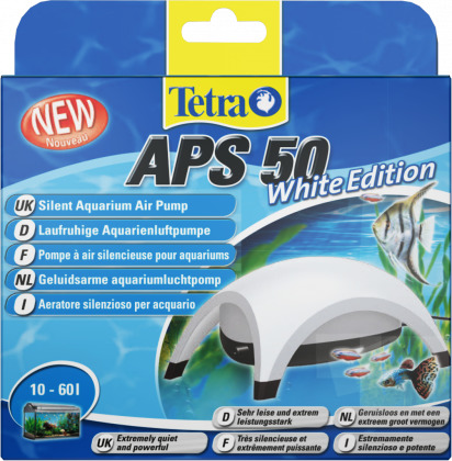 Tetra APS 50 White Edition: Leise, effiziente Luftpumpe für Aquarien (10-60 L). Zielgruppe: Aquarienbesitzer.