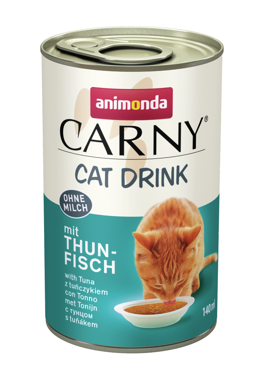 Animonda Carny Cat Drink, 140 ml, Thunfisch, für Katzen, ohne Milch, mit orangefarbener Katze auf Dose.