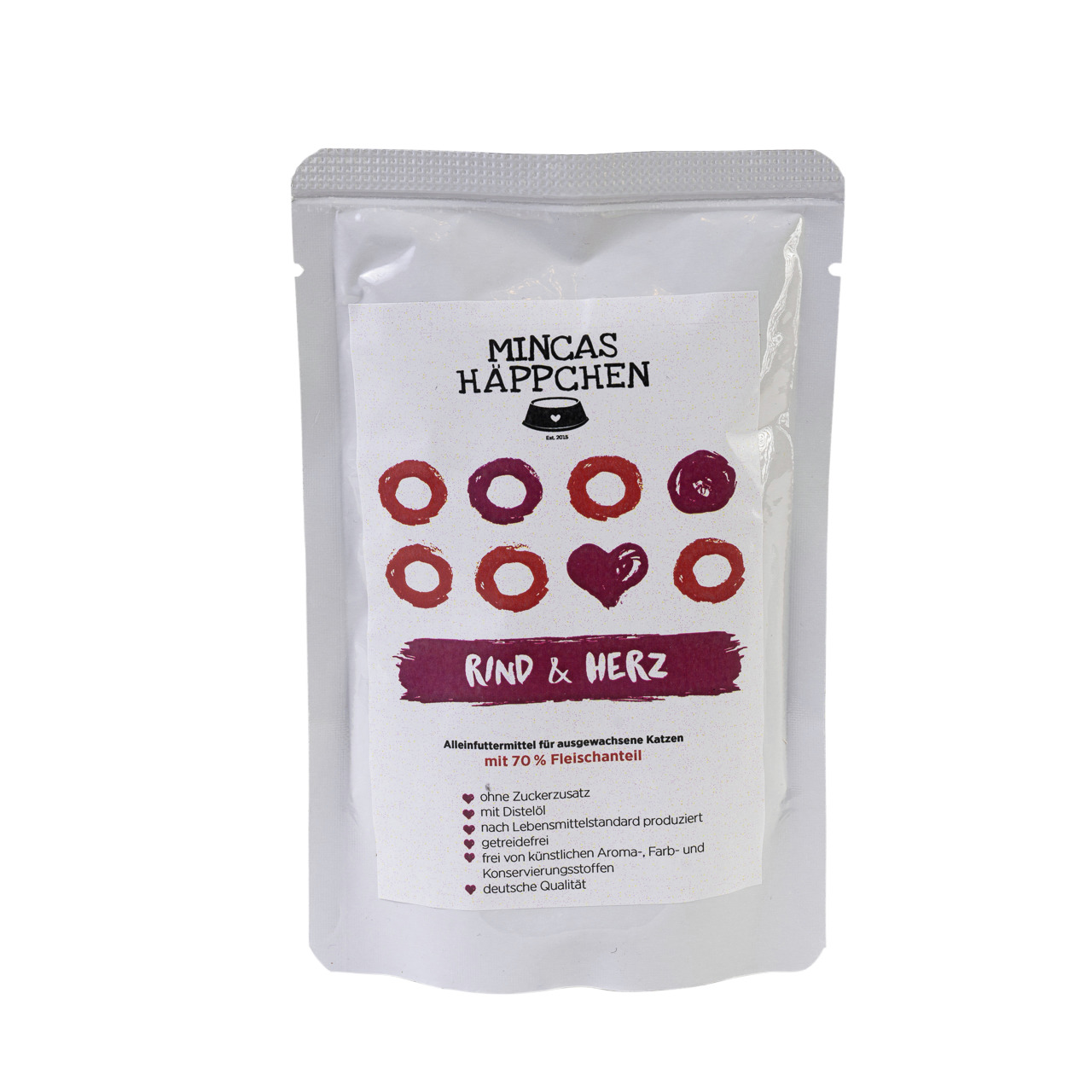 Mincas „MINCAS HÄPPCHEN“ Katzenfutter Rind & Herz, 70 % Fleisch, ohne Zucker, getreidefrei, mit Distelöl, für ausgewachsene Katzen.