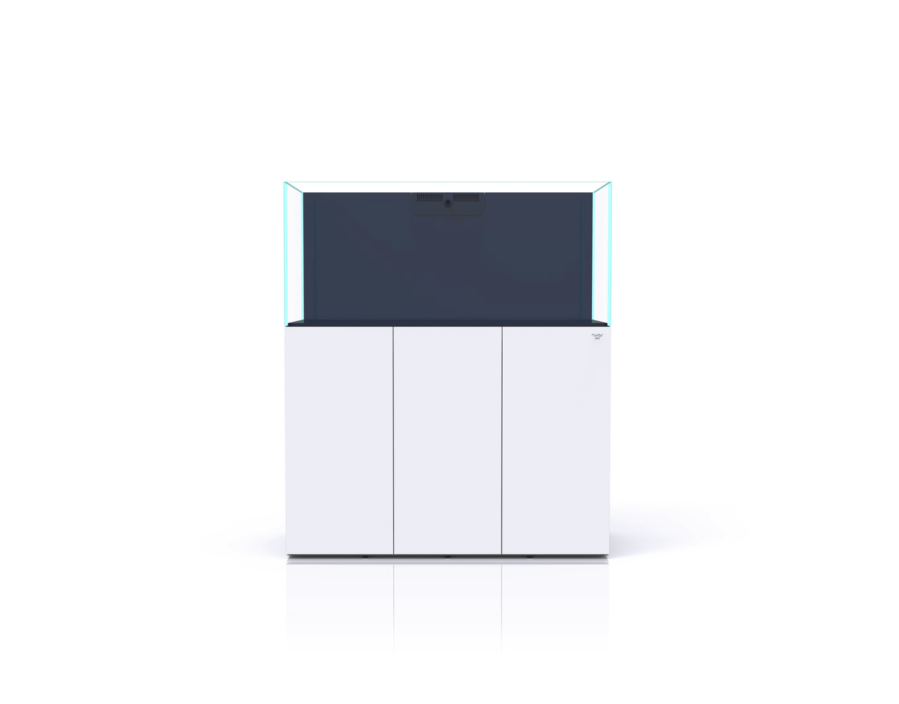Nyos Opus 300 Aquarium, Meerwasseraquarium, klares Glas, weißer Unterschrank, ideal für Fische & Korallen, modernes Design.
