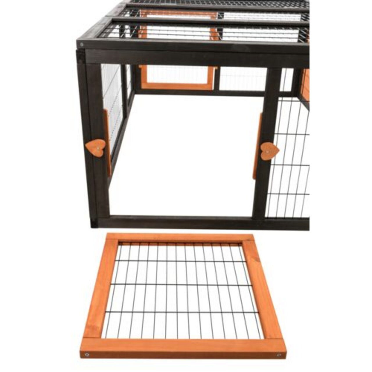 TRIXIE Freilaufgehege, Kaninchen-Meerschweinchen, Metallrahmen+Holz, Herzgriffe, sicher+bewegungsfrei, orange-schwarz.