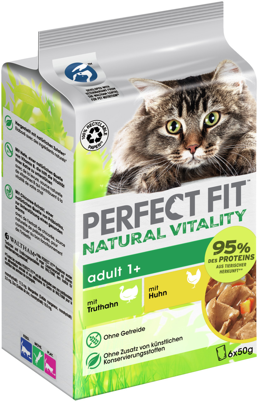 Perfect Fit Natural Vitality, Katzenfutter ab 1 Jahr, Truthahn & Huhn, 95 % tierisches Protein, getreidefrei, 6 x 50 g.