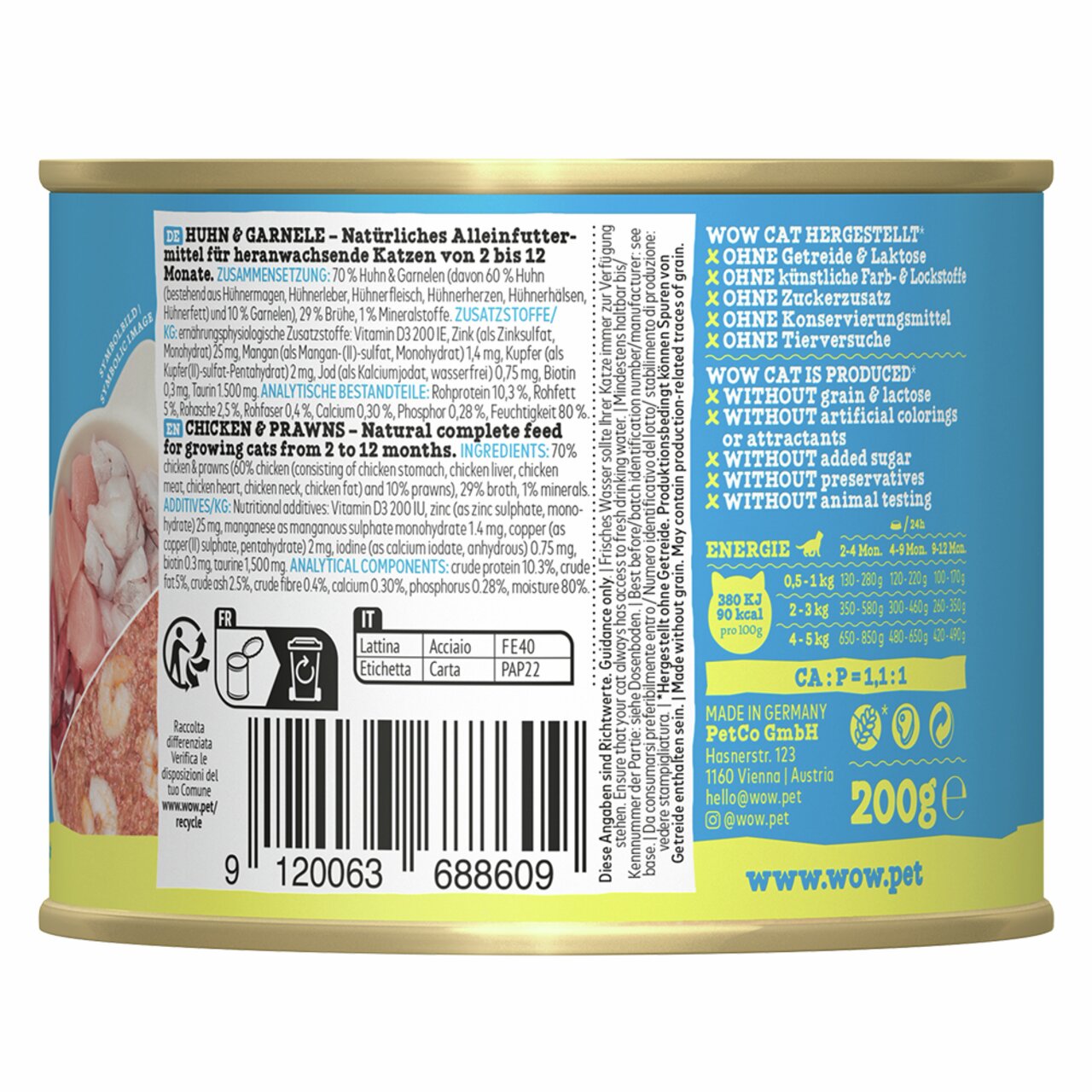 WOW CAT Huhn & Garnele, Katzenfutter für Kätzchen (2-12 Monate), 200 g, getreidefrei, ohne künstliche Zusatzstoffe.