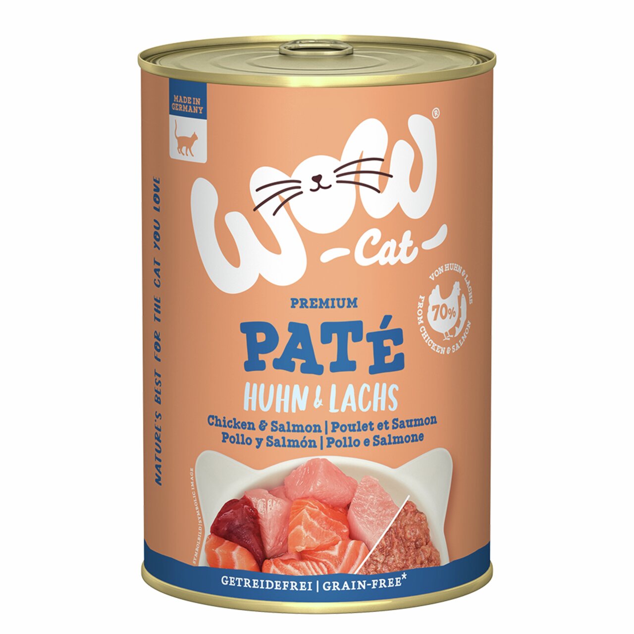 Katzenfutter WOW Cat Paté Huhn & Lachs, getreidefrei, für Katzen, 400 g. Mit 70 % Fleisch, hergestellt in Deutschland.