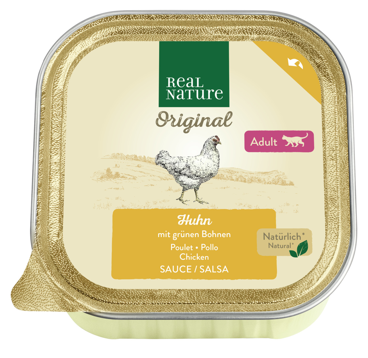 REAL NATURE Original Katzenfutter Adult, Huhn & grüne Bohnen in Sauce, 100 g, natürliches Produkt.
