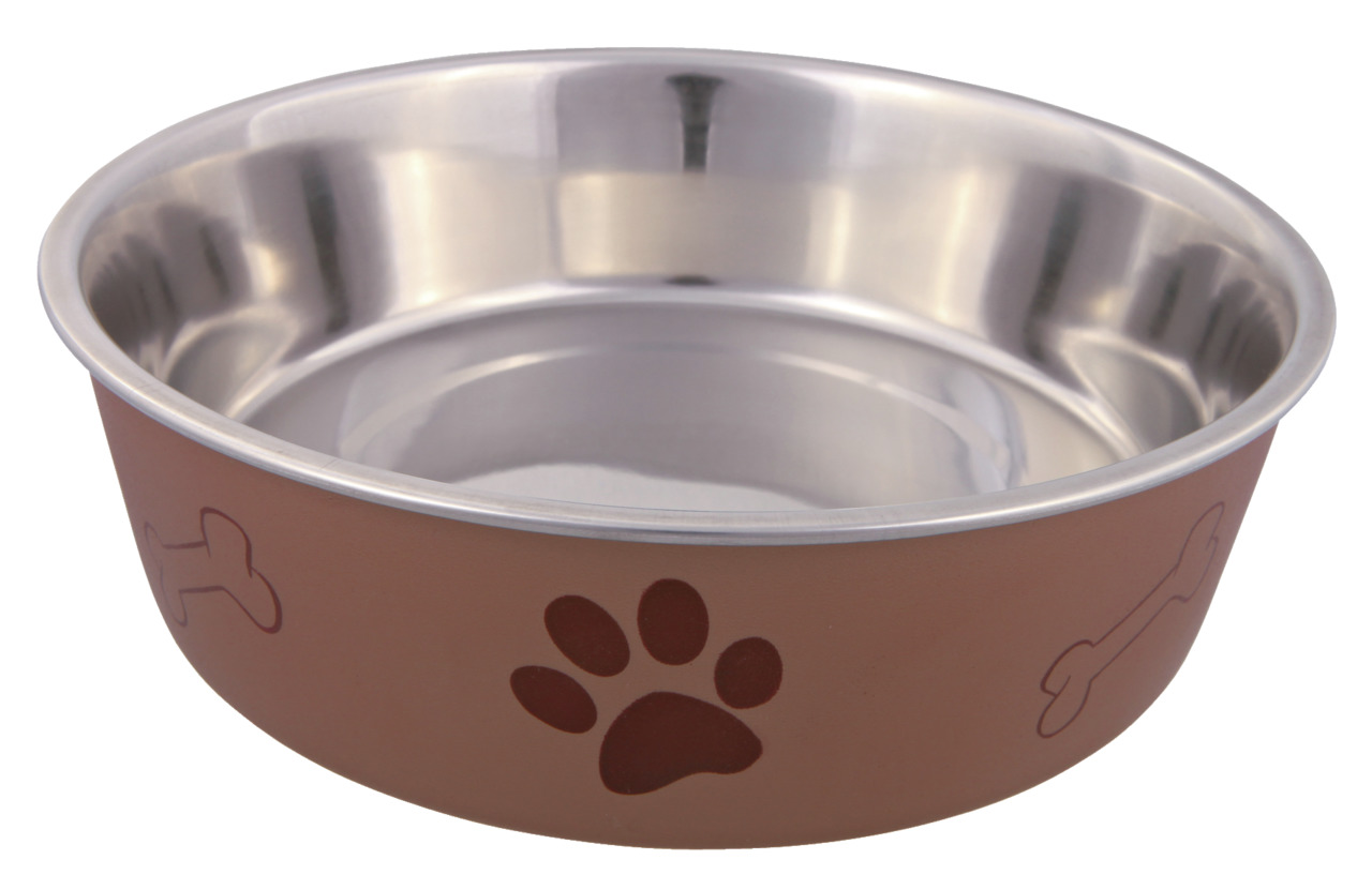 TRIXIE Hundenapf, Edelstahl, braune Außenseite mit Pfoten--Knochenmotiven, für Hunde aller Größen, robust, leicht zu reinigen.