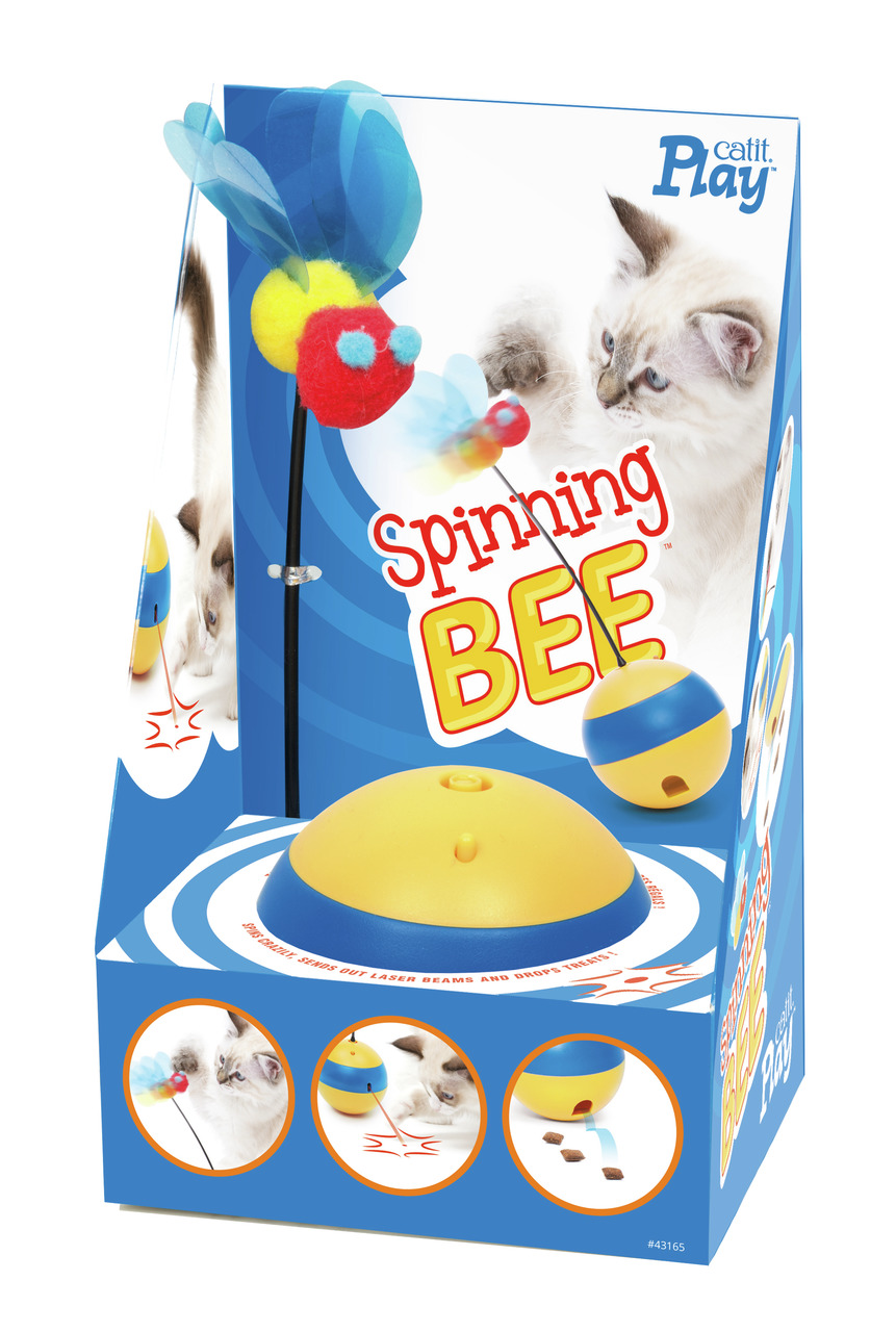 Catit „Catit Play Spinning Bee“ Katzenspielzeug: rotierende Biene, Laser, Leckerlis, Aktivität fördern, blau-gelbe Verpackung.