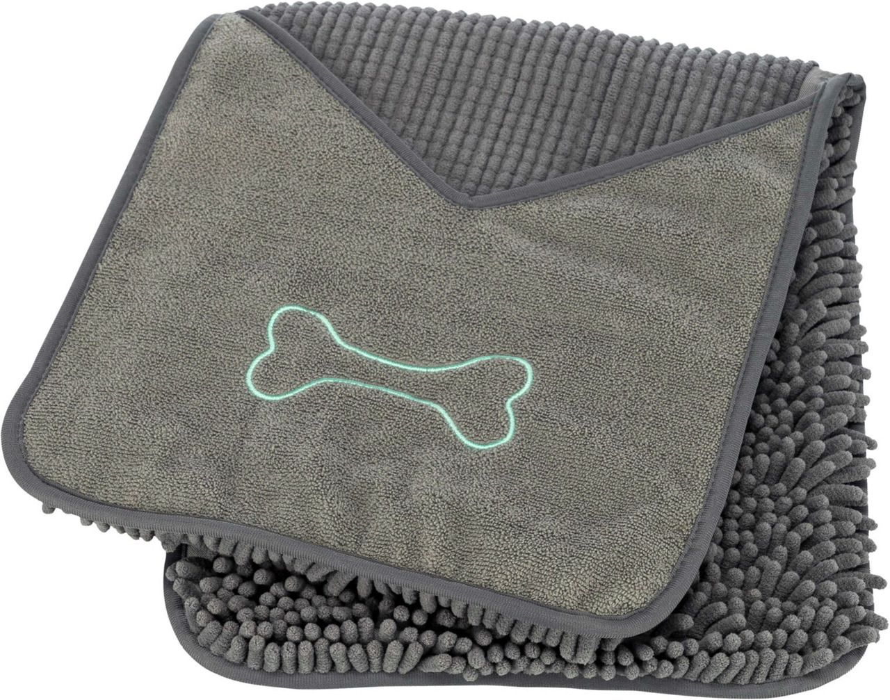 Graues Hundehandtuch von TRIXIE mit Knochenstickerei in der Mitte. Geeignet für Hunde aller Größen, ideal zum Abtrocknen nach Spaziergängen oder Bädern. Hergestellt aus saugfähigem Mikrofaserstoff mit strukturierter Oberfläche für schnelles Trocknen.