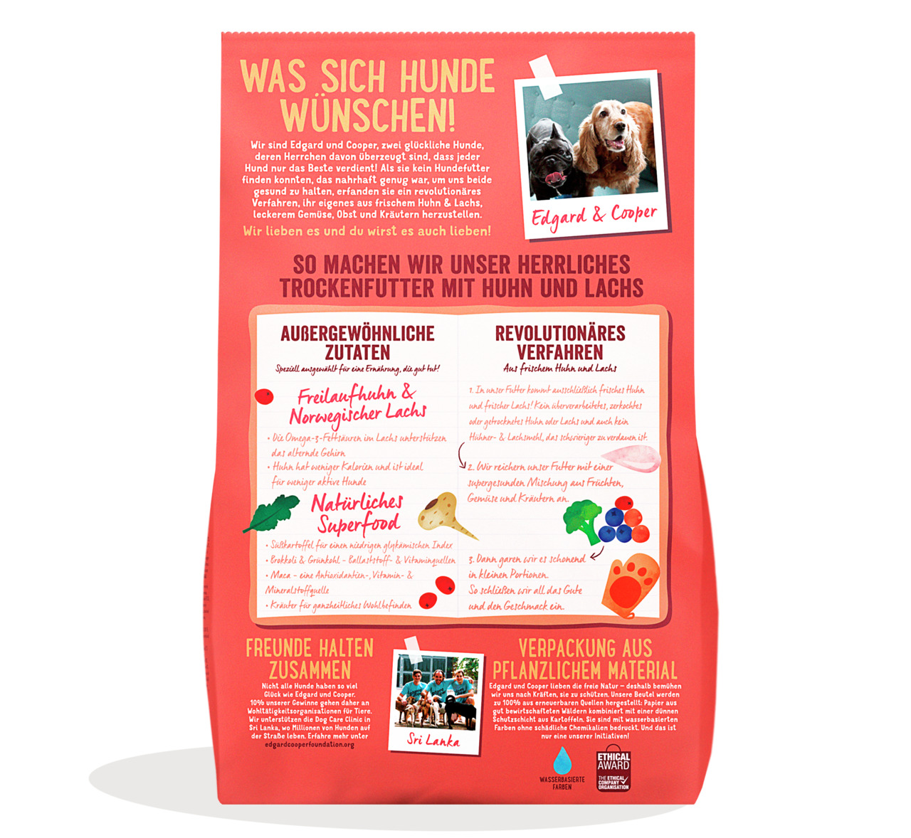 Das Bild zeigt die Rückseite einer Verpackung des Trockenfutters „Edgard & Cooper – Huhn und Lachs“ für Hunde. Zielgruppe sind Hundehalter, die Wert auf hochwertige Zutaten legen. Enthalten sind Freilandhuhn, norwegischer Lachs, Gemüse und Superfoods. Die
