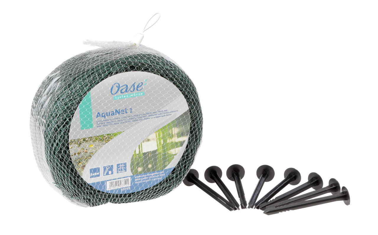 Oase AquaNet 1: Teichschutznetz (3x4m) für Gartenteiche, hält Laub-Schmutz fern, inkl. Befestigungsheringe, grün, Marke Oase.