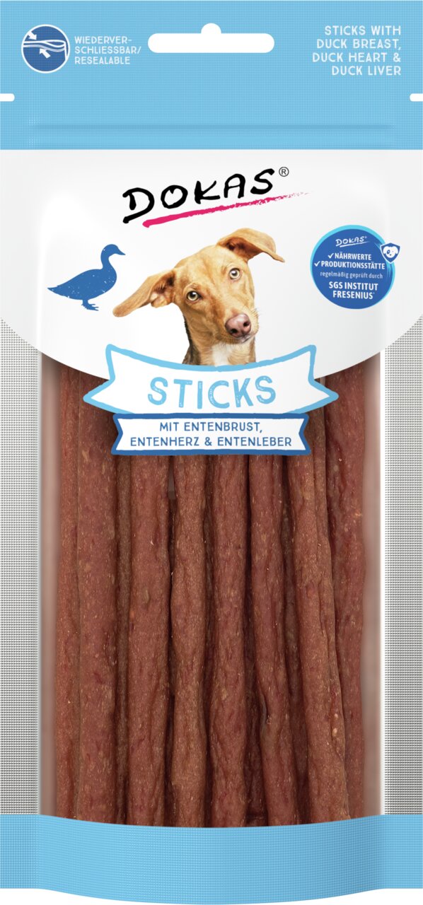 Sticks von DOKAS für Hunde, Geschmacksrichtung Entenbrust, Entenherz & Entenleber, wiederverschließbar, 70g.