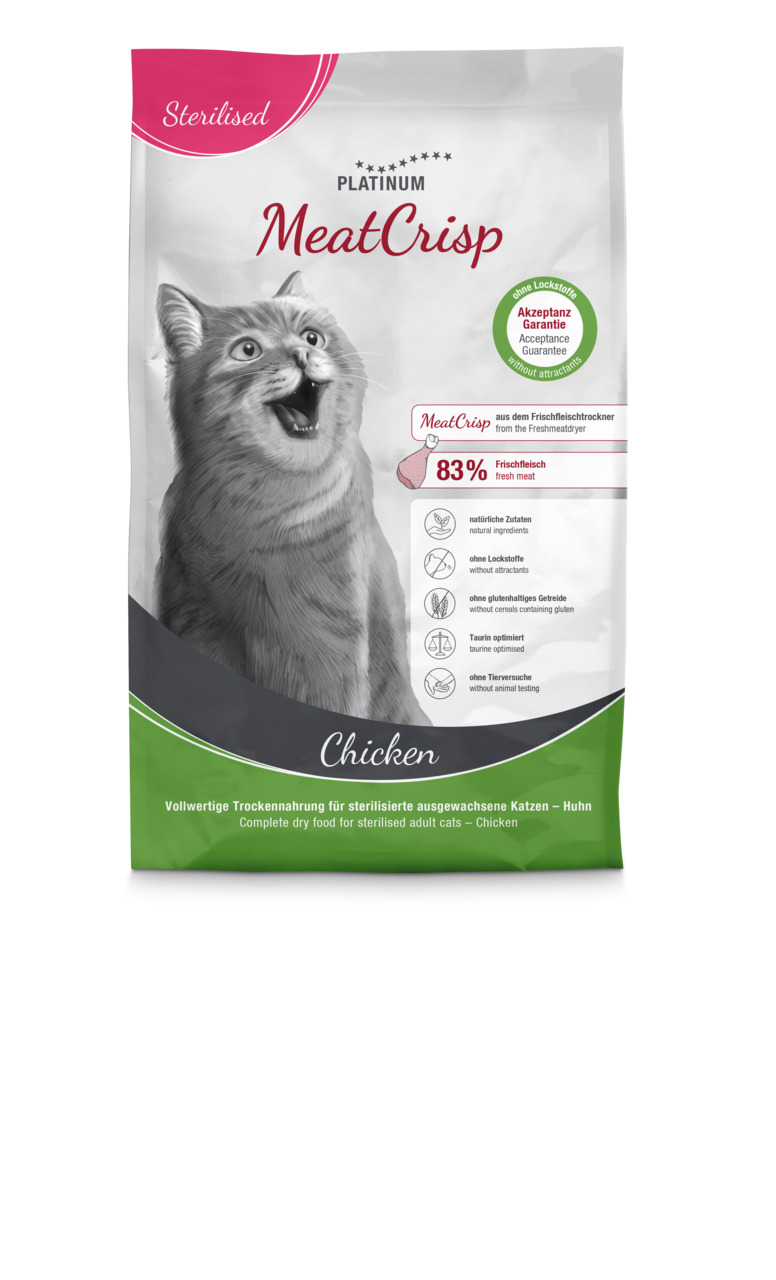 PLATINUM MeatCrisp Chicken, für sterilisierte, erwachsene Katzen, Huhn, 83 % Frischfleisch, nat. Zutaten, Taurin, ohne Tierversuche.