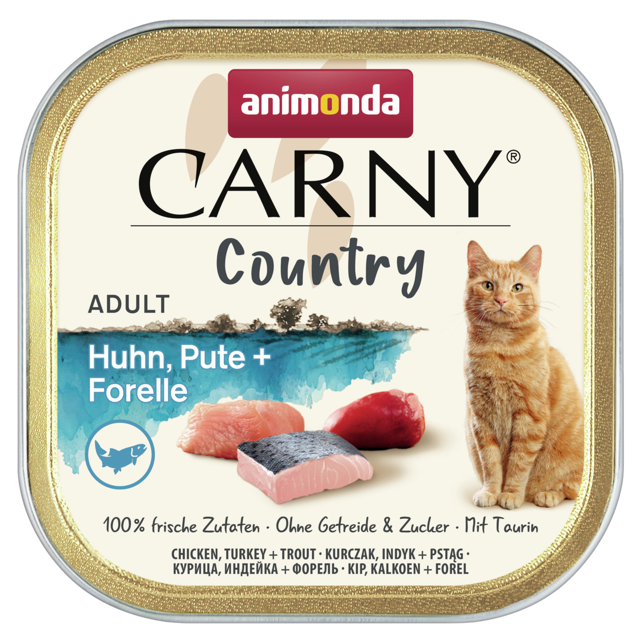 Animonda Carny Country, Adult, Huhn-Pute-Forelle, 100% frische Zutaten, ohne Getreide-Zucker, mit Taurin, quadratische Dose.