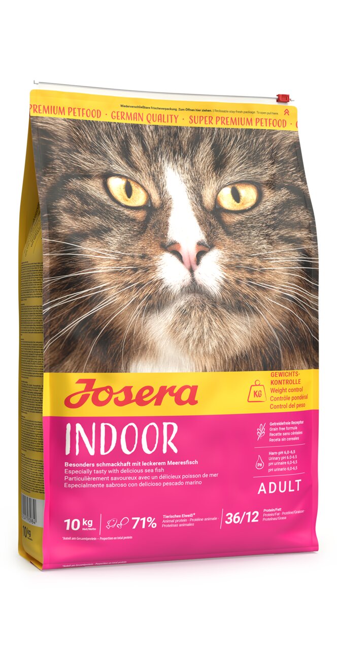 Josera Indoor Katzenfutter für erwachsene Katzen, Geschmacksrichtung Meeresfisch, 10 kg, unterstützt Gewichtskontrolle.