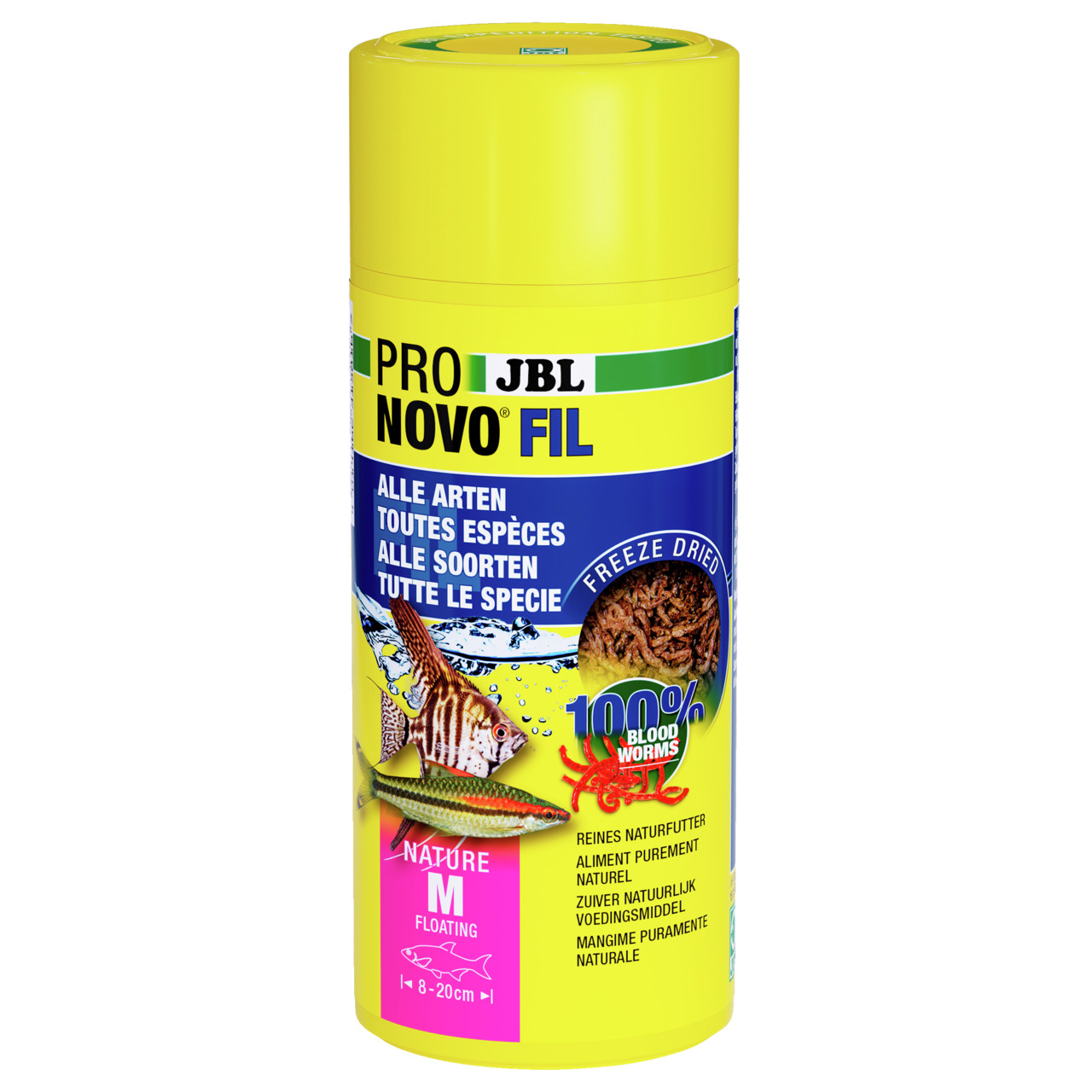 Das Bild zeigt eine gelbe Dose des Fischfutters „JBL ProNovo Fil Nature M“. Es handelt sich um ein reines Naturfutter für Zierfische mit einer Größe von 8–20 cm. Die Geschmacksrichtung besteht aus 100 % gefriergetrockneten roten Mückenlarven. Geeignet für
