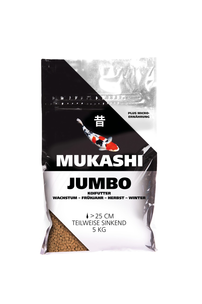 MUKASHI Jumbo Koifutter, 5 kg, für Koi >25 cm, teils sinkend, fördert Wachstum in Frühling, Herbst & Winter, ideal für Koi-Besitzer.