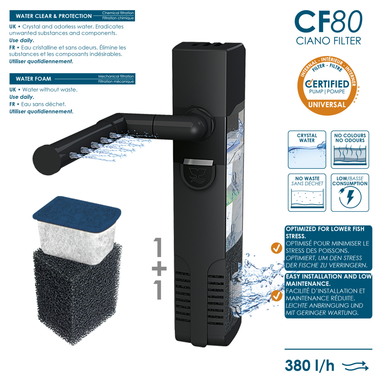 Ciano CF80 Innenfilter, für Aquarien, chem.-mech. Filtration, kristallklares Wasser, reduziert Fischstress, 380 l-h.