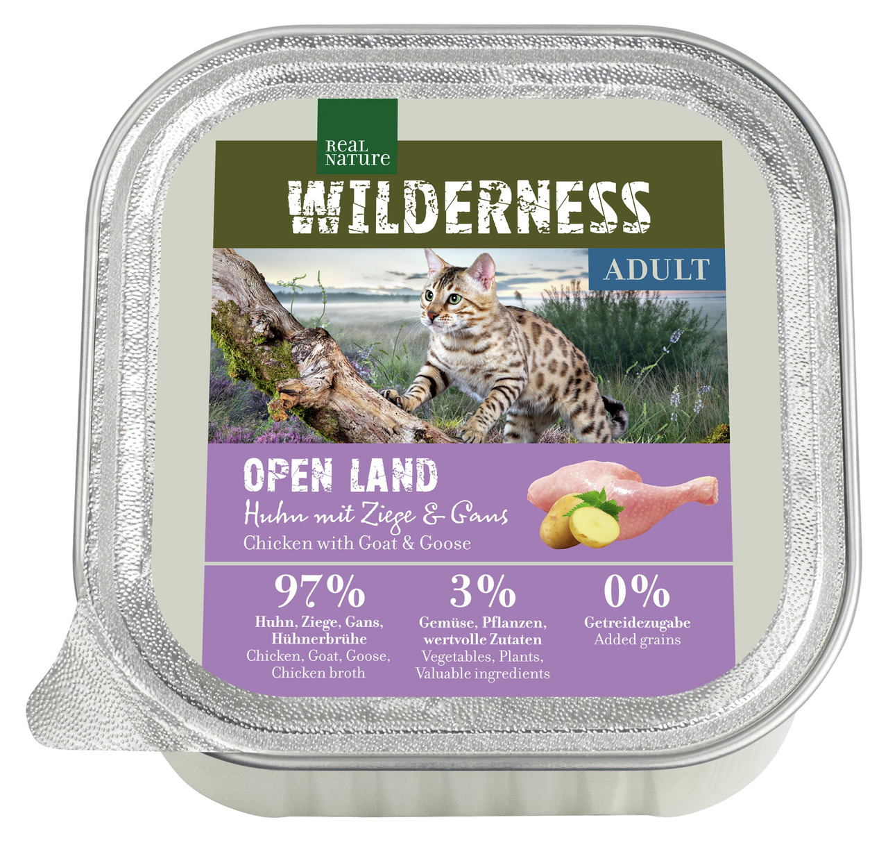 Real Nature Wilderness Katzenfutter "Open Land – Huhn, Ziege & Gans", Adult, 97 % Fleisch, getreidefrei, 125 g.